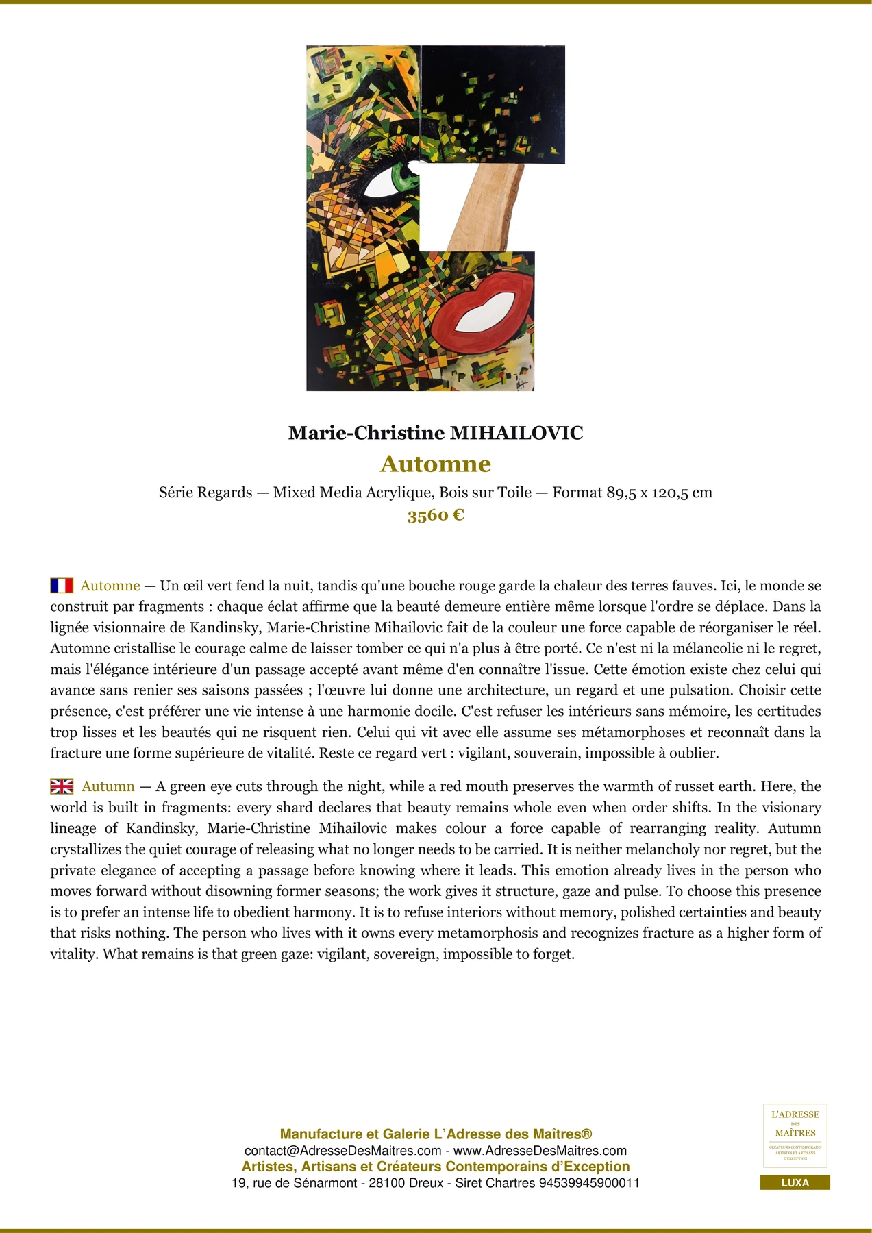 Fiche Premium - Automne - Marie-Christine MIHAILOVIC - L'Adresse des Maîtres®