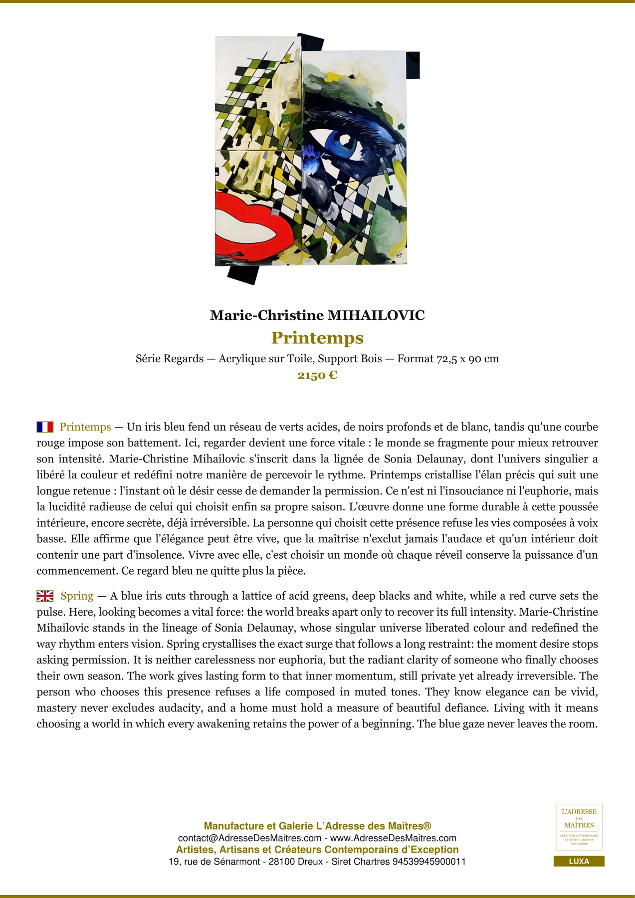 Fiche Premium - Printemps - Marie-Christine MIHAILOVIC - L'Adresse des Maîtres®