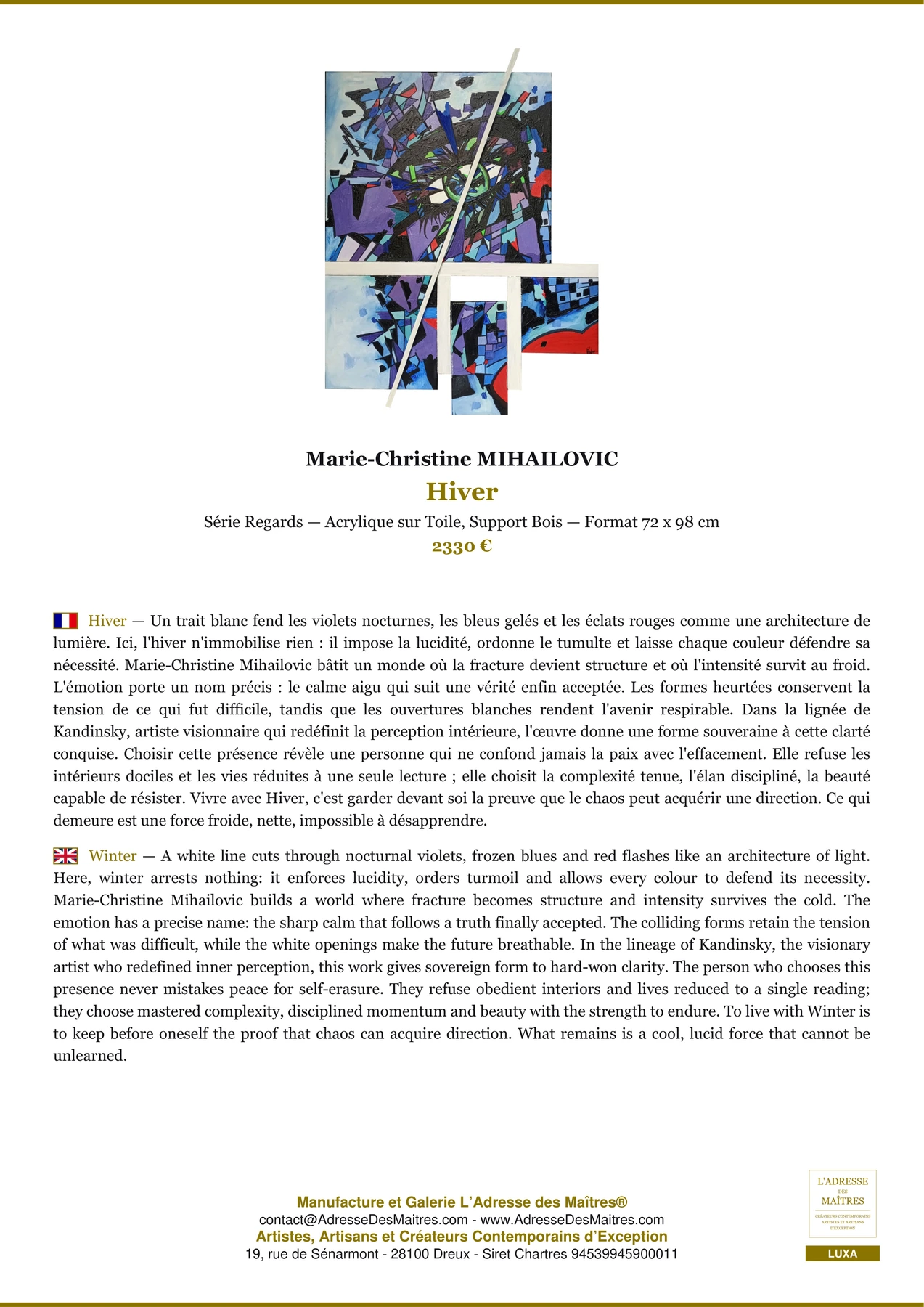 Fiche Premium - Hiver - Marie-Christine MIHAILOVIC - L'Adresse des Maîtres®
