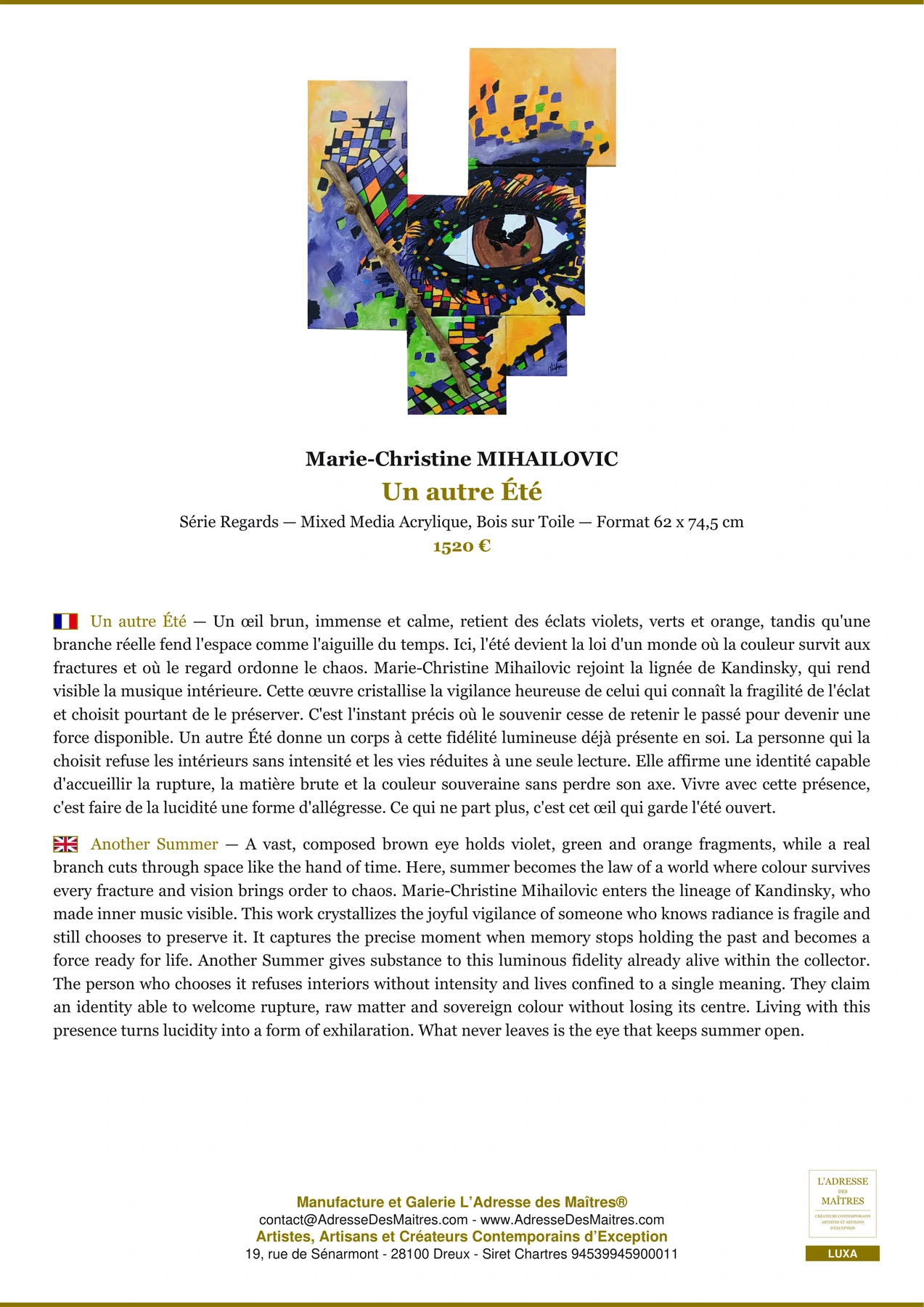 Fiche Premium - Un autre Été - Marie-Christine MIHAILOVIC - L'Adresse des Maîtres®