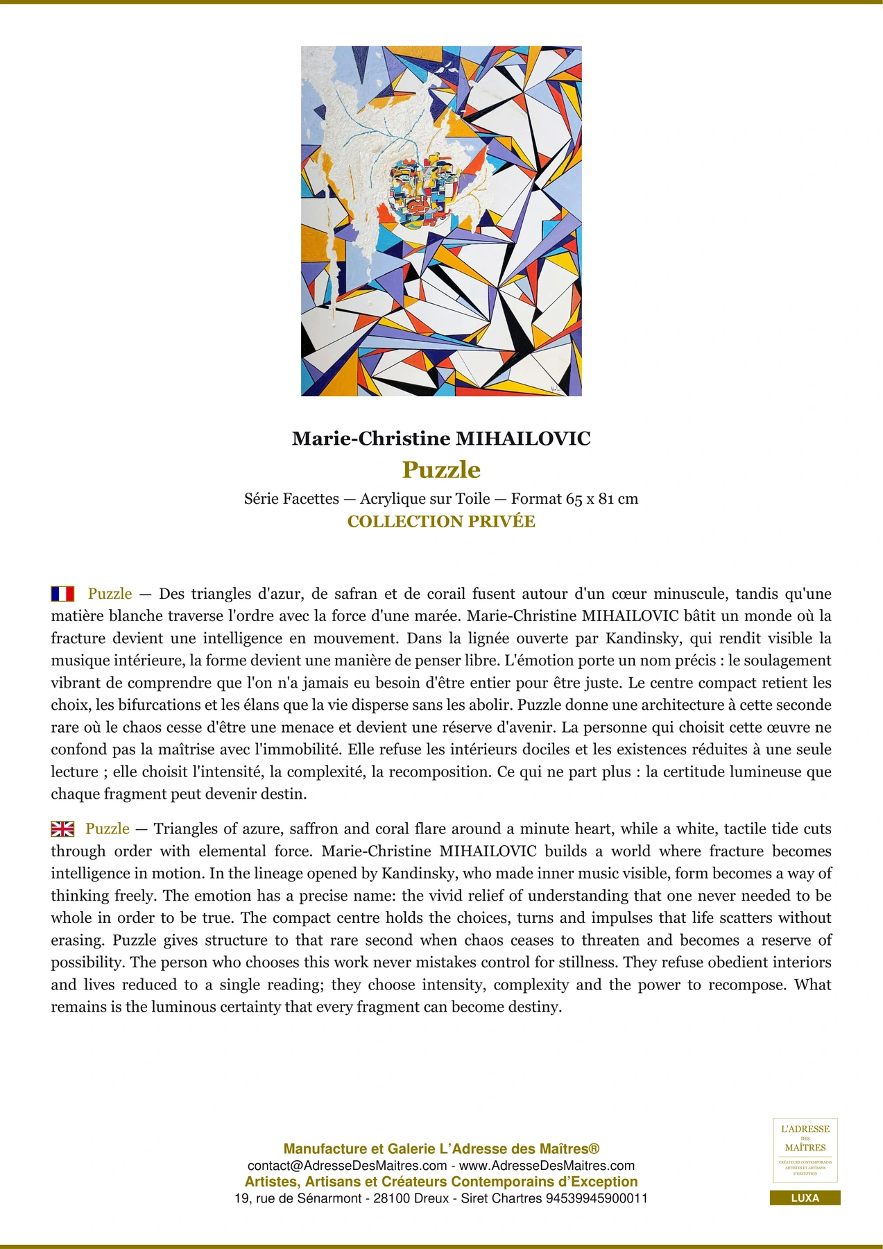 Fiche Premium - Puzzle - Marie-Christine MIHAILOVIC - L'Adresse des Maîtres®