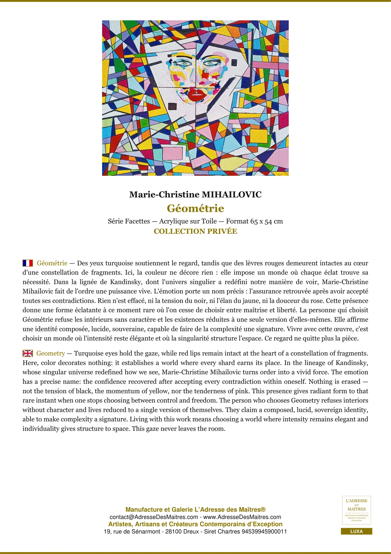 Fiche Premium - Géométrie - Marie-Christine MIHAILOVIC - L'Adresse des Maîtres®