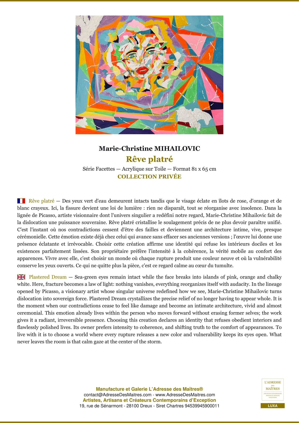 Fiche Premium - Rêve platré - Marie-Christine MIHAILOVIC - L'Adresse des Maîtres®