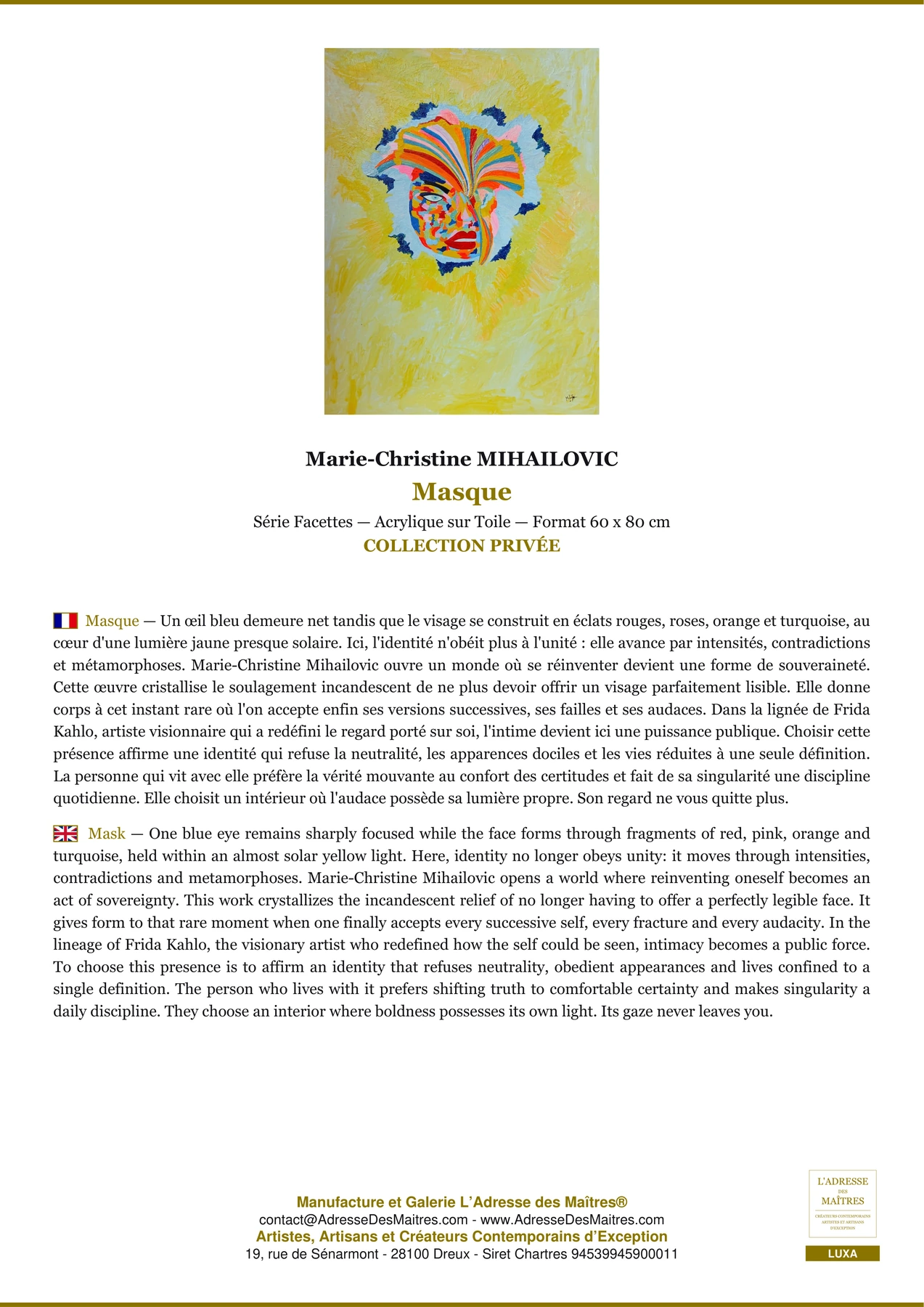 Fiche Premium - Masque - Marie-Christine MIHAILOVIC - L'Adresse des Maîtres®