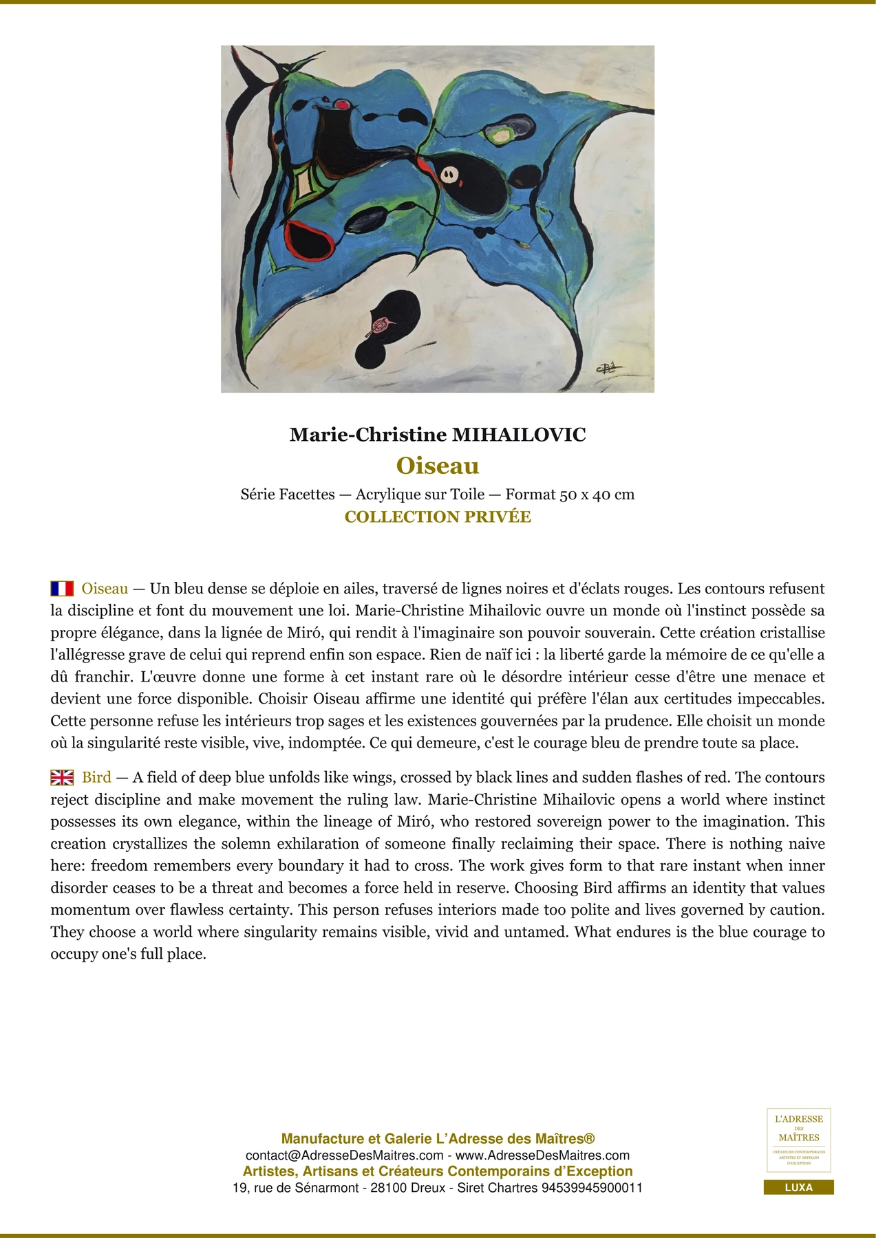 Fiche Premium - Oiseau - Marie-Christine MIHAILOVIC - L'Adresse des Maîtres®