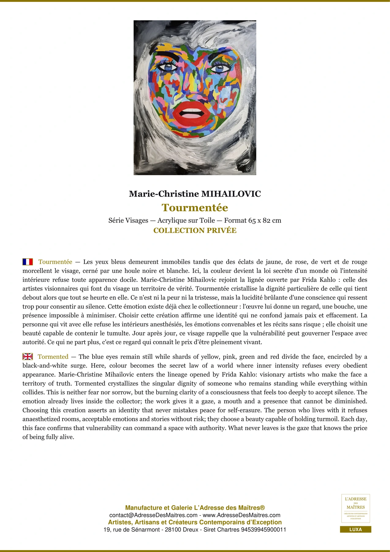 Fiche Premium - Tourmentée - Marie-Christine MIHAILOVIC - L'Adresse des Maîtres®