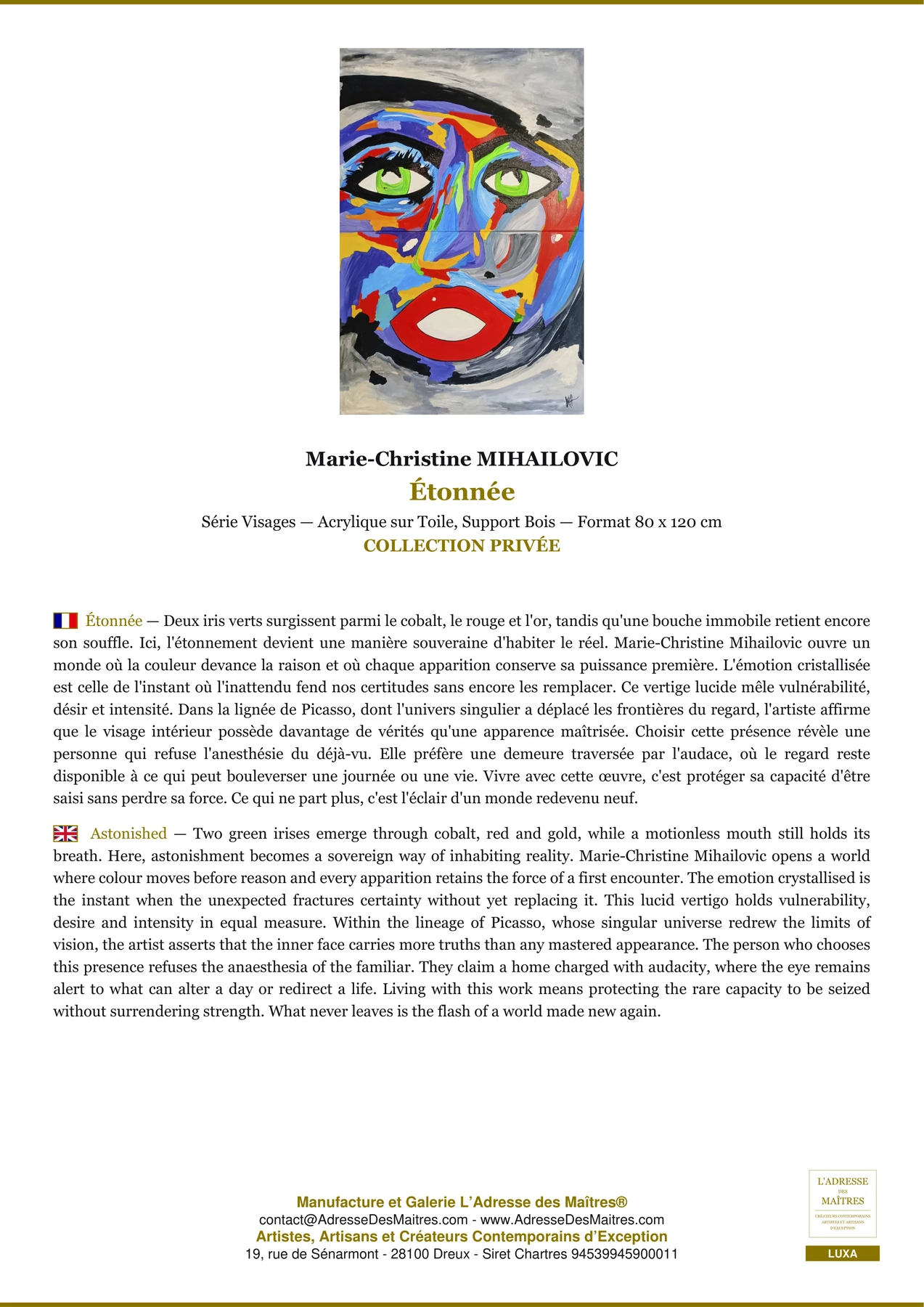 Fiche Premium - Étonnée - Marie-Christine MIHAILOVIC - L'Adresse des Maîtres®