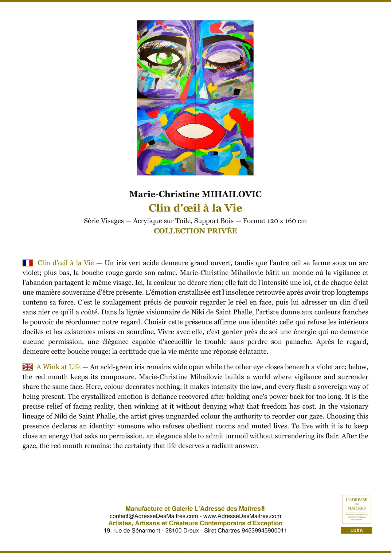 Fiche Premium - Clin d'œil à la Vie - Marie-Christine MIHAILOVIC - L'Adresse des Maîtres®