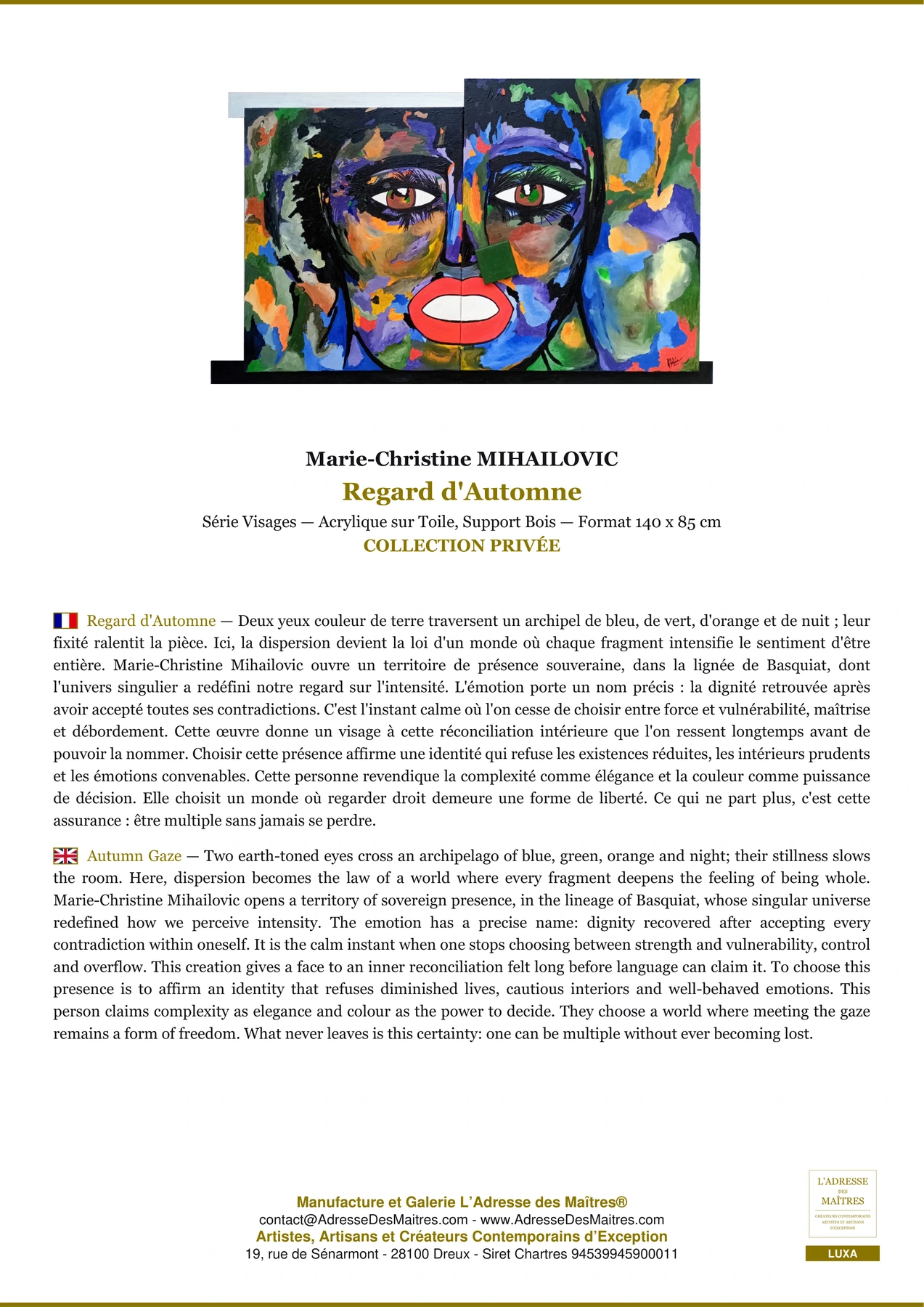 Fiche Premium - Regard d'Automne - Marie-Christine MIHAILOVIC - L'Adresse des Maîtres®