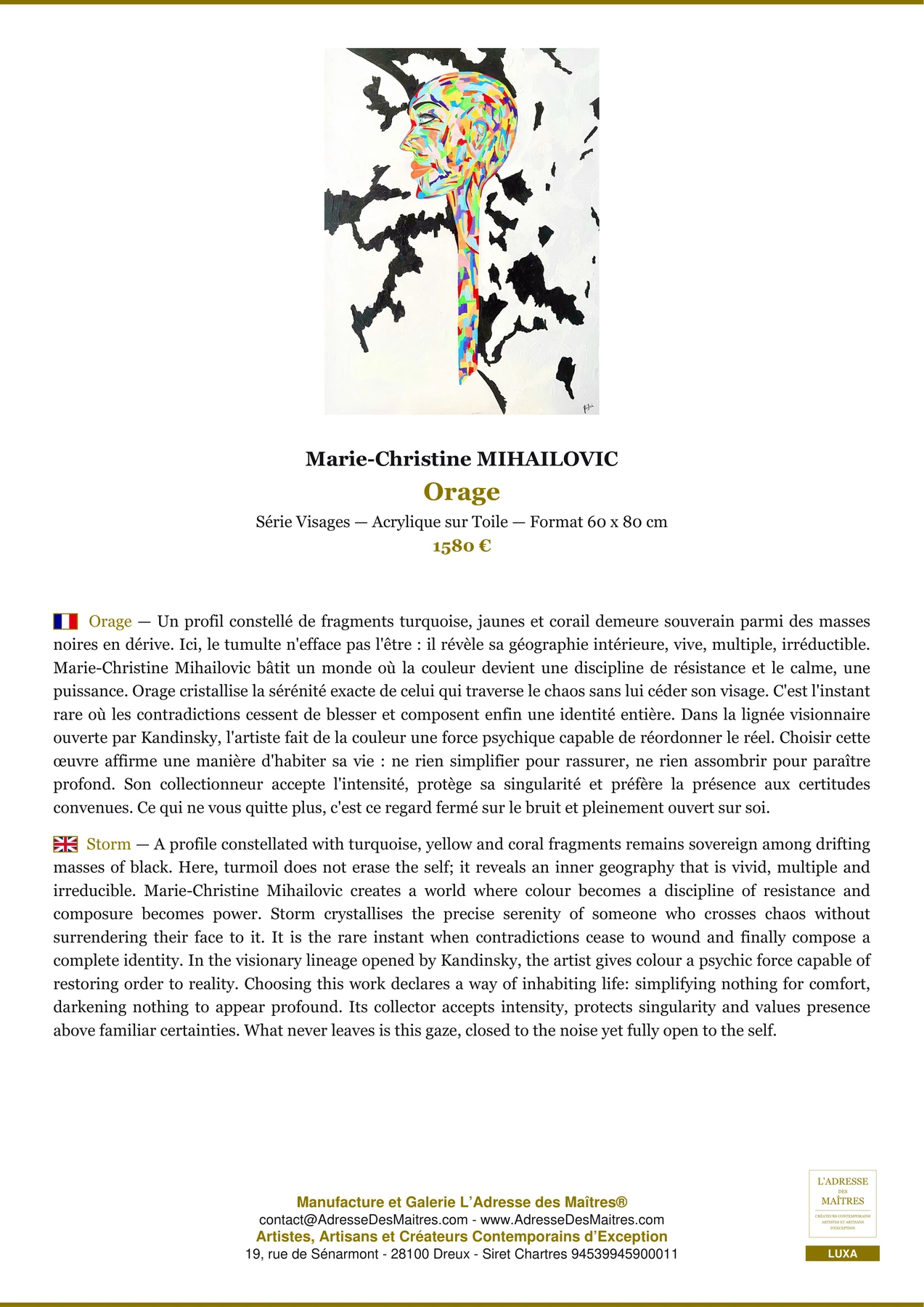 Fiche Premium - Orage - Marie-Christine MIHAILOVIC - L'Adresse des Maîtres®