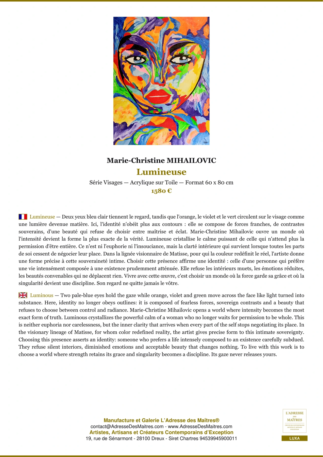 Fiche Premium - Lumineuse - Marie-Christine MIHAILOVIC - L'Adresse des Maîtres®