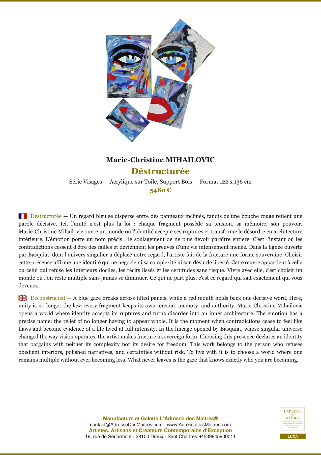 Fiche Premium - Déstructurée - Marie-Christine MIHAILOVIC - L'Adresse des Maîtres®