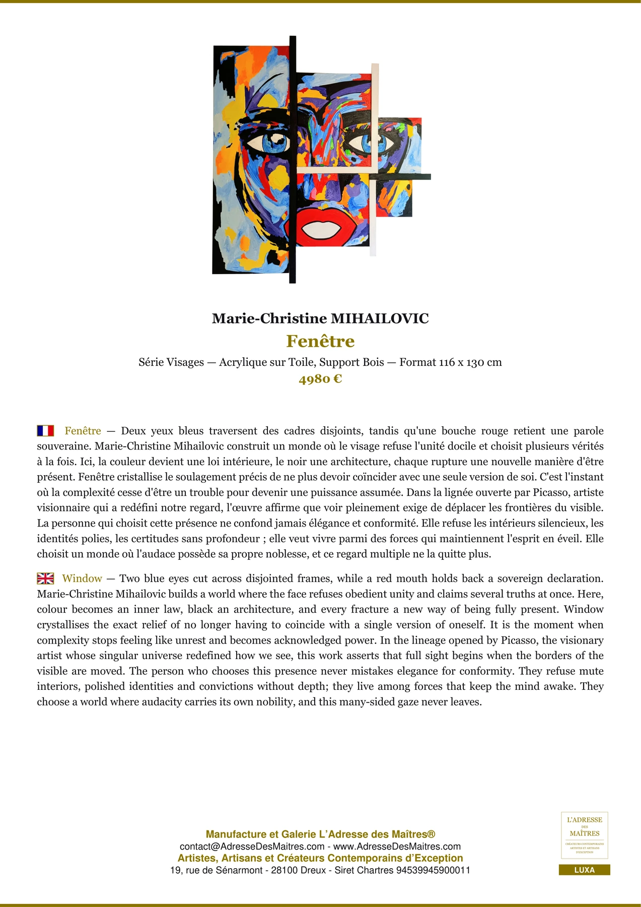 Fiche Premium - Fenêtre - Marie-Christine MIHAILOVIC - L'Adresse des Maîtres®