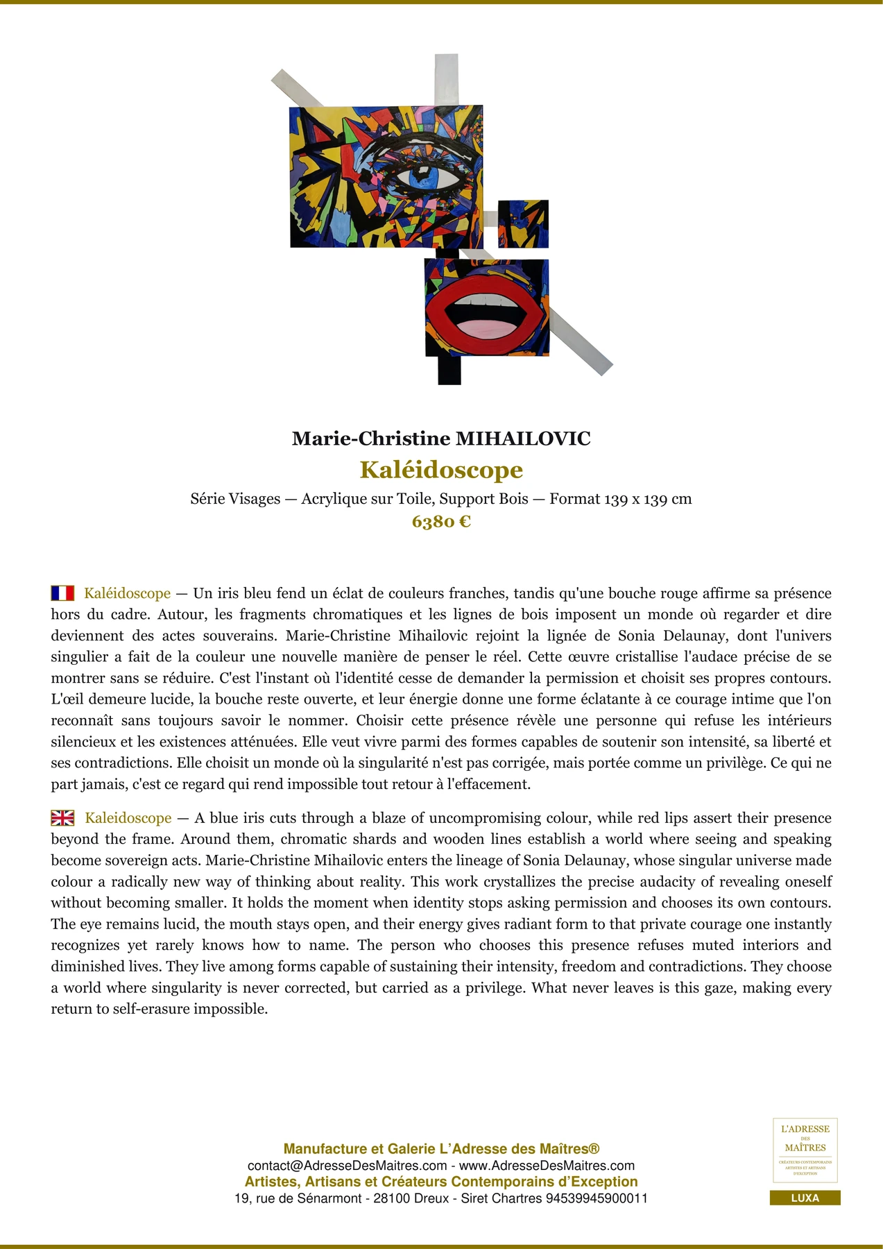 Fiche Premium - Kaléidoscope - Marie-Christine MIHAILOVIC - L'Adresse des Maîtres®