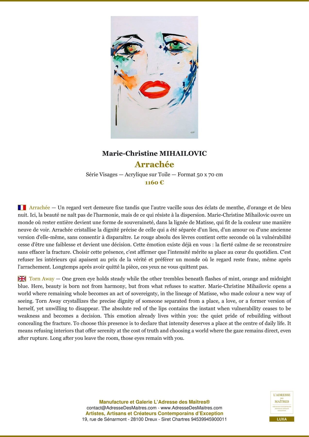 Fiche Premium - Arrachée - Marie-Christine MIHAILOVIC - L'Adresse des Maîtres®