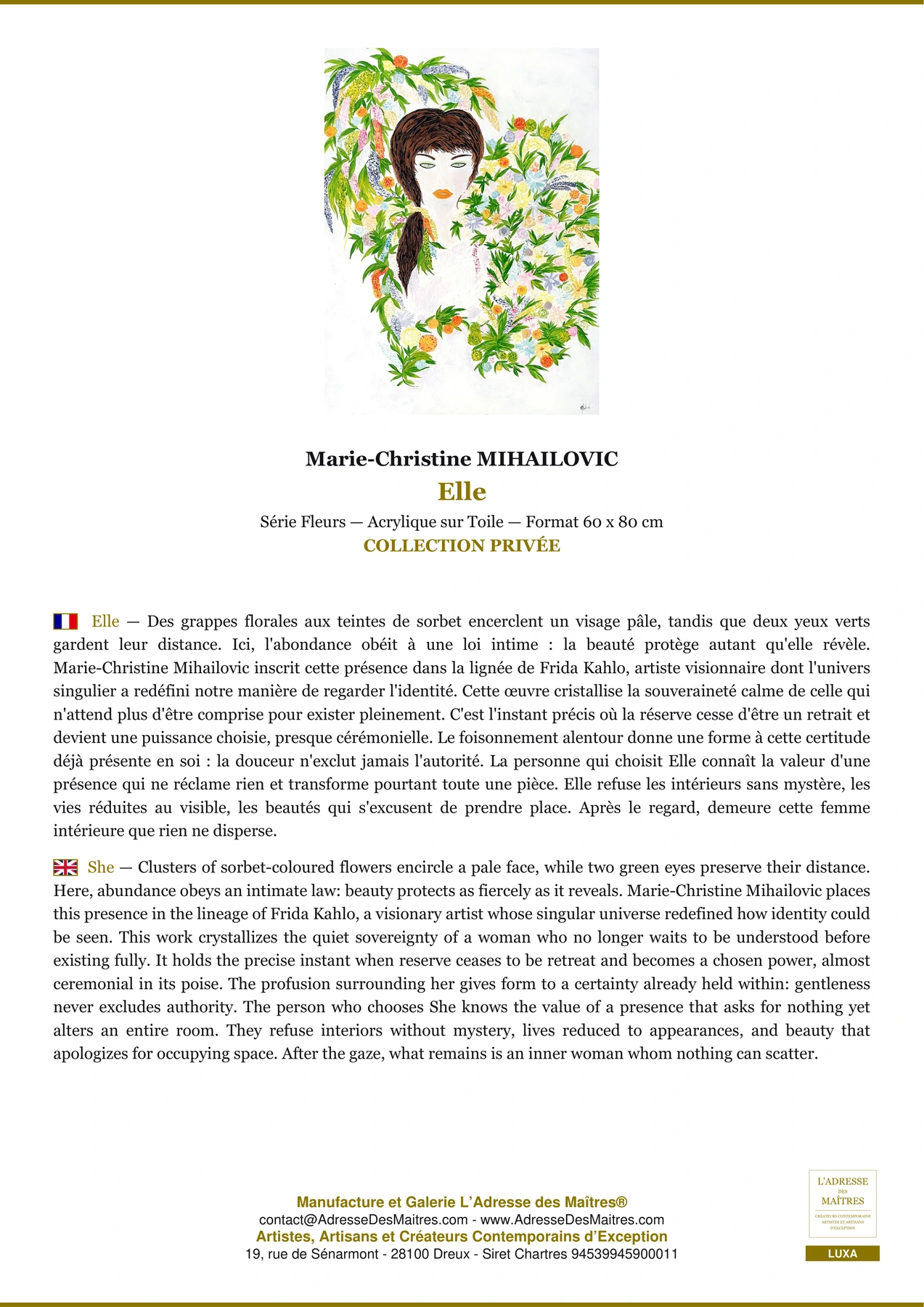 Fiche Premium - Elle - Marie-Christine MIHAILOVIC - L'Adresse des Maîtres®