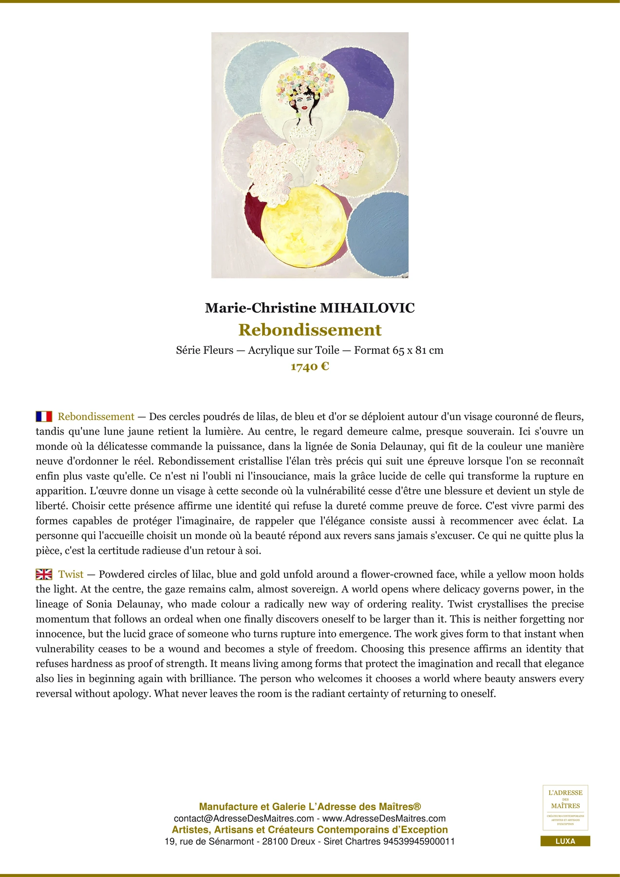 Fiche Premium - Rebondissement - Marie-Christine MIHAILOVIC - L'Adresse des Maîtres®