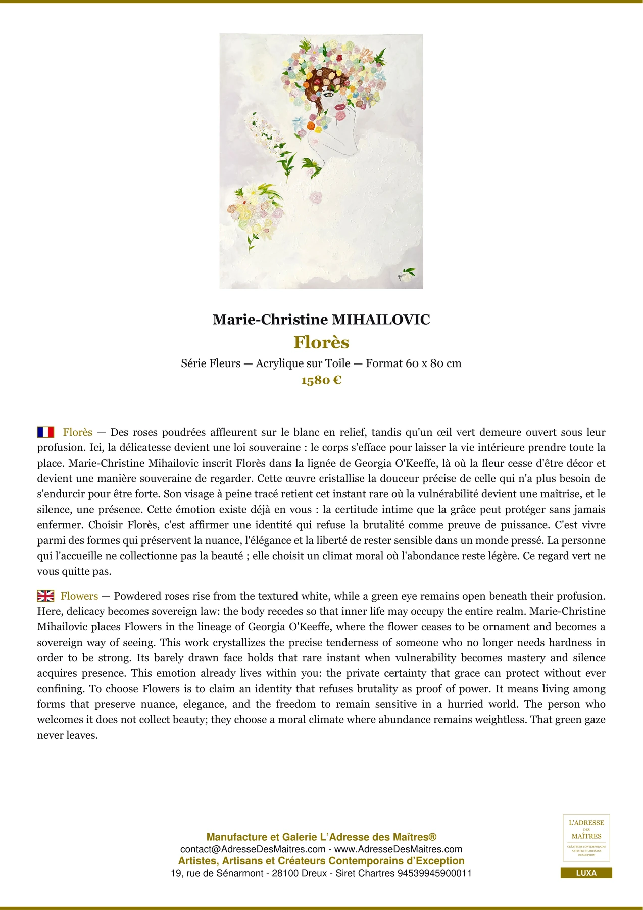 Fiche Premium - Florès - Marie-Christine MIHAILOVIC - L'Adresse des Maîtres®