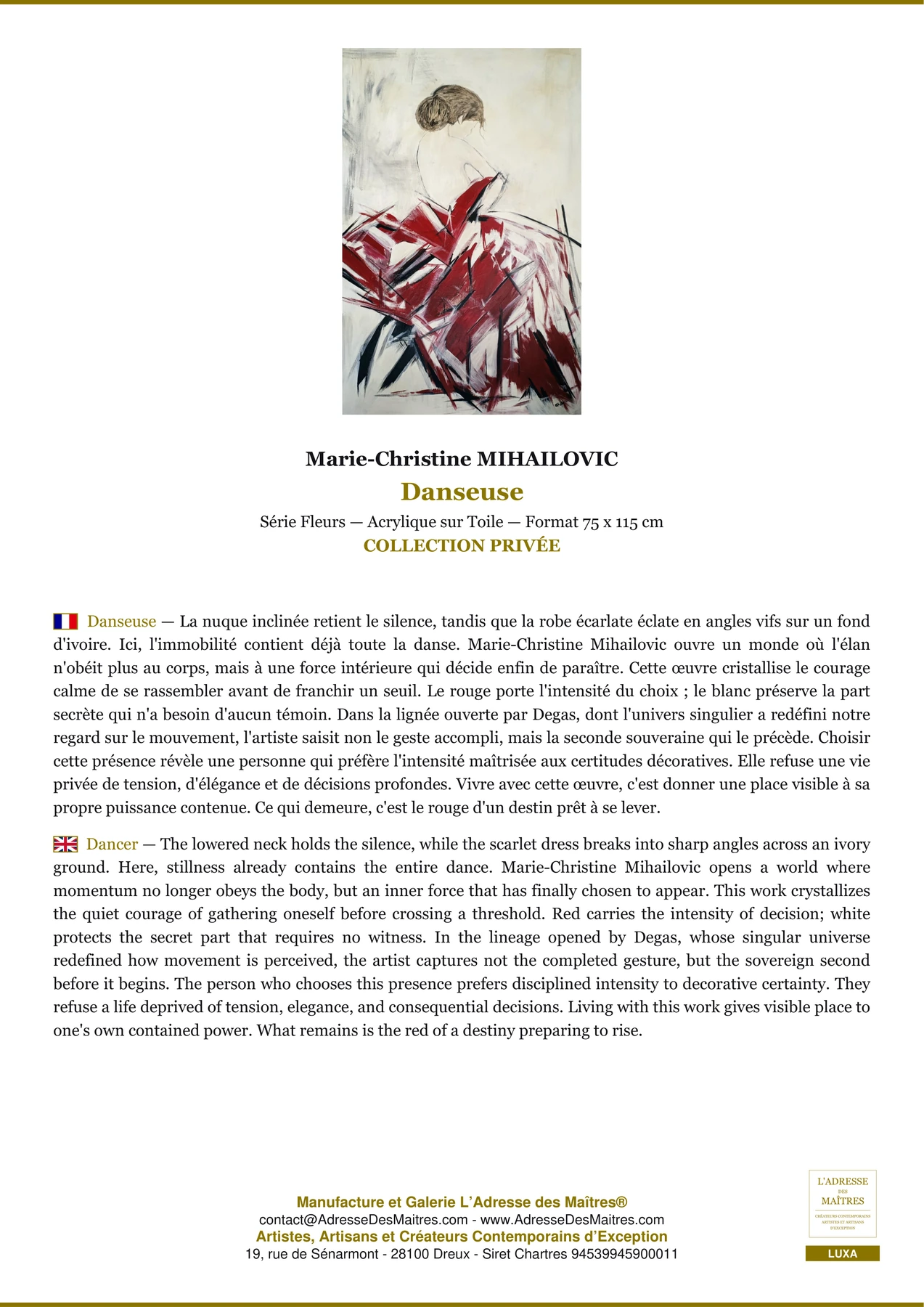 Fiche Premium - Danseuse - Marie-Christine MIHAILOVIC - L'Adresse des Maîtres®