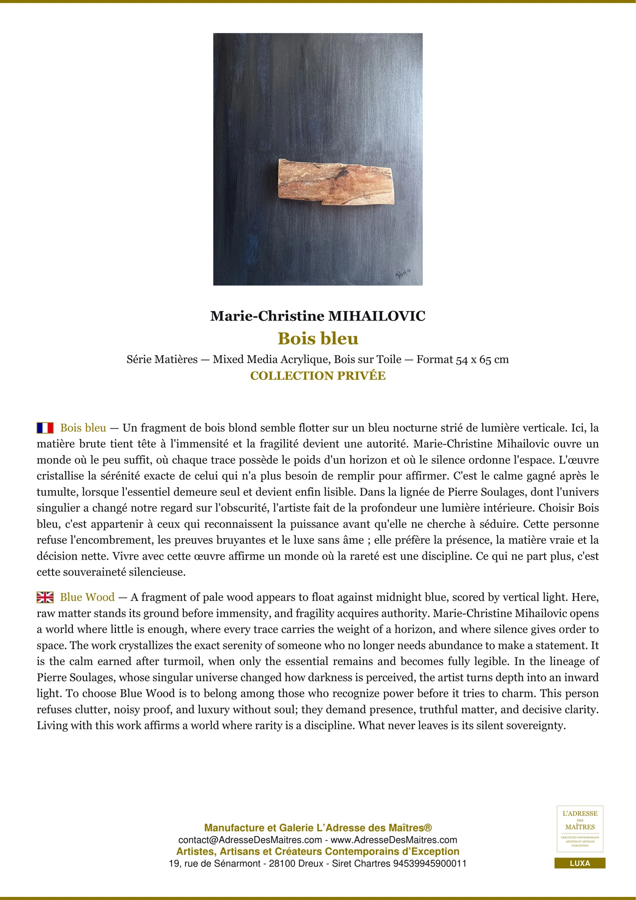 Fiche Premium - Bois bleu - Marie-Christine MIHAILOVIC - L'Adresse des Maîtres®
