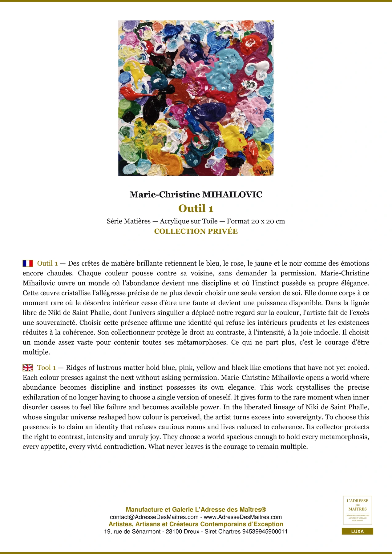 Fiche Premium - Outil 1 - Marie-Christine MIHAILOVIC - L'Adresse des Maîtres®