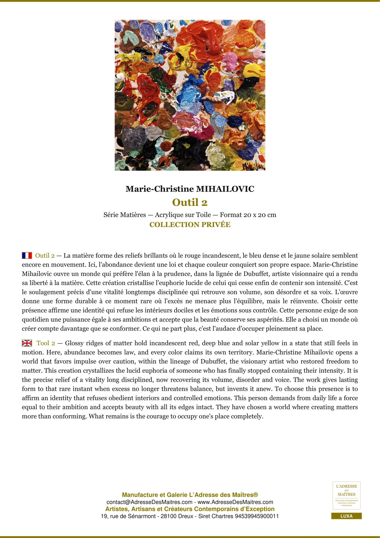 Fiche Premium - Outil 2 - Marie-Christine MIHAILOVIC - L'Adresse des Maîtres®
