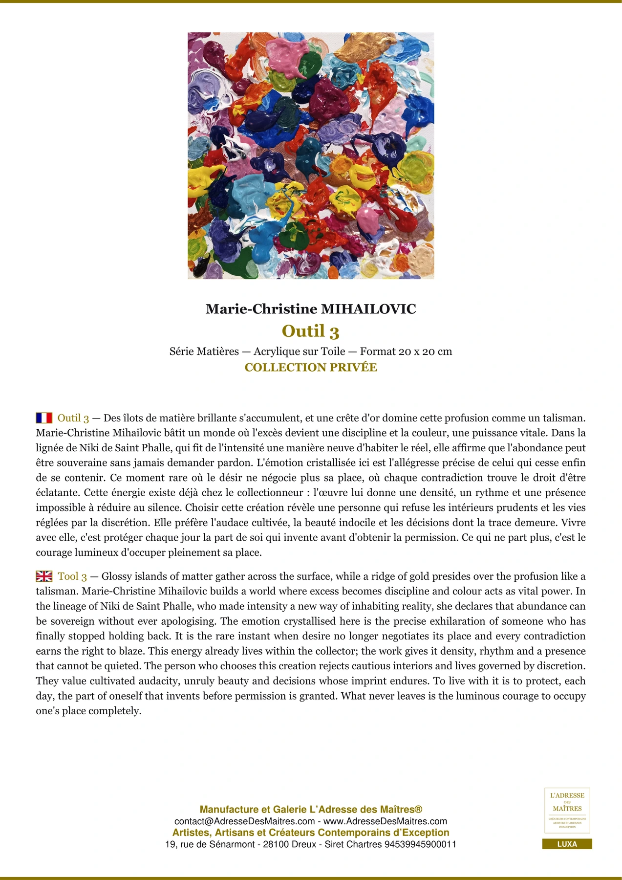 Fiche Premium - Outil 3 - Marie-Christine MIHAILOVIC - L'Adresse des Maîtres®