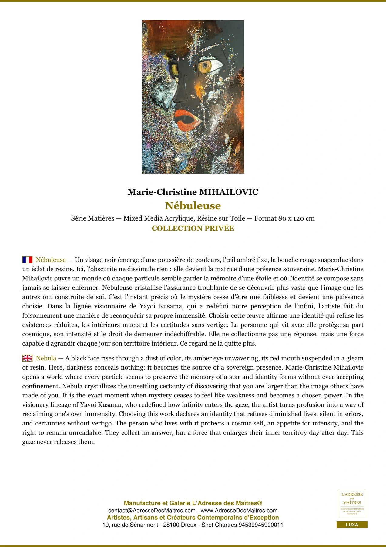 Fiche Premium - Nébuleuse - Marie-Christine MIHAILOVIC - L'Adresse des Maîtres®