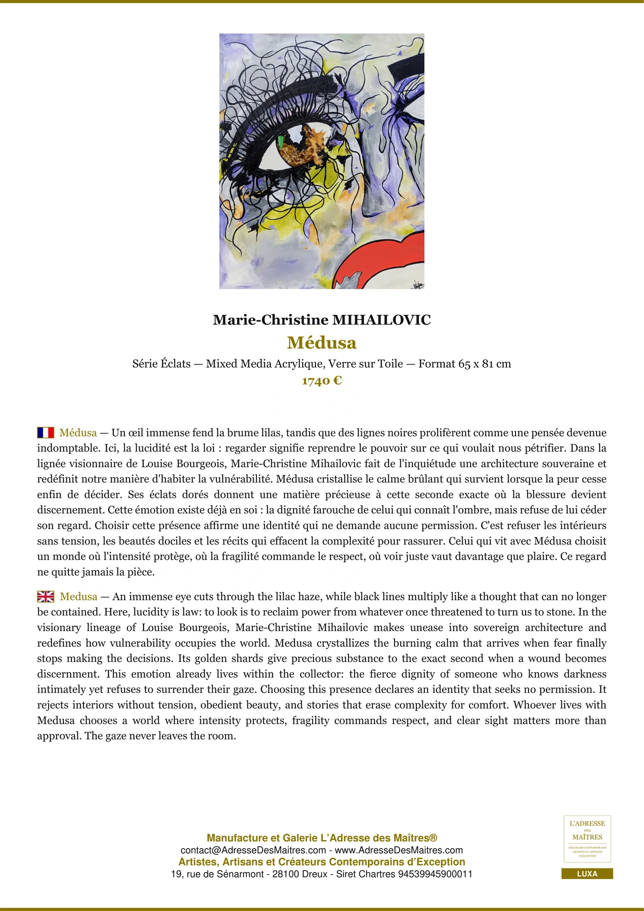 Fiche Premium - Médusa - Marie-Christine MIHAILOVIC - L'Adresse des Maîtres®