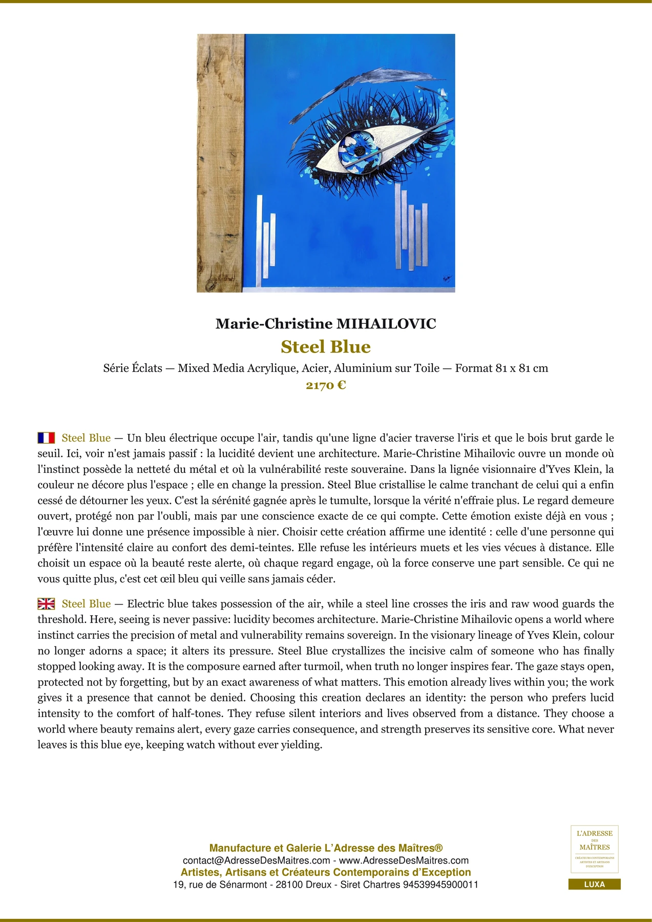 Fiche Premium - Steel Blue - Marie-Christine MIHAILOVIC - L'Adresse des Maîtres®