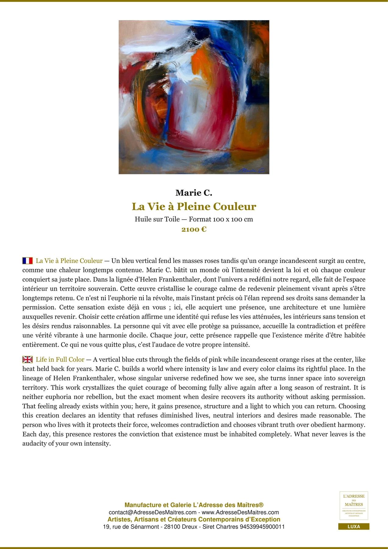 La Vie à Pleine Couleur — Fiche Premium, Huile sur Toile 100 x 100 cm, Marie C.