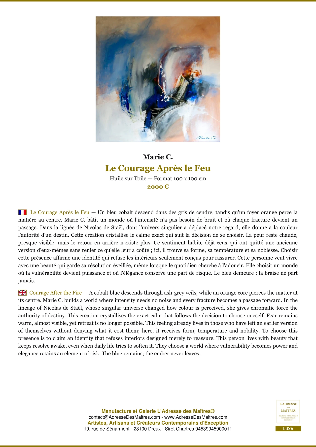 Le Courage Après le Feu — Fiche Premium, Huile sur Toile 100 x 100 cm, Marie C.