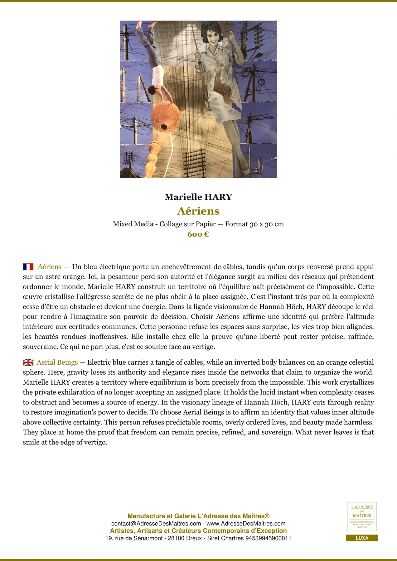 Fiche Premium - Aériens - Marielle HARY - L'Adresse des Maîtres®