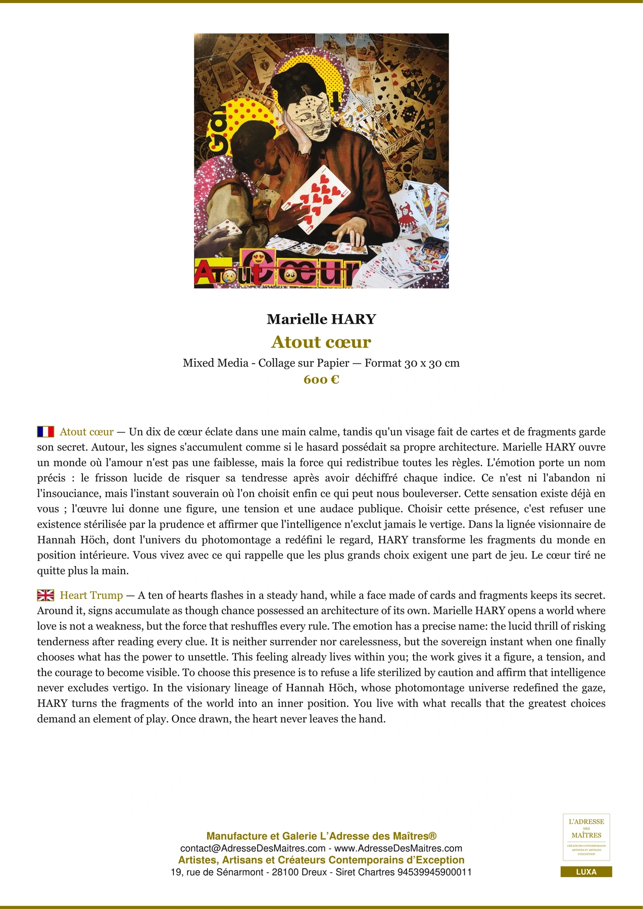 Fiche Premium - Atout cœur - Marielle HARY - L'Adresse des Maîtres®