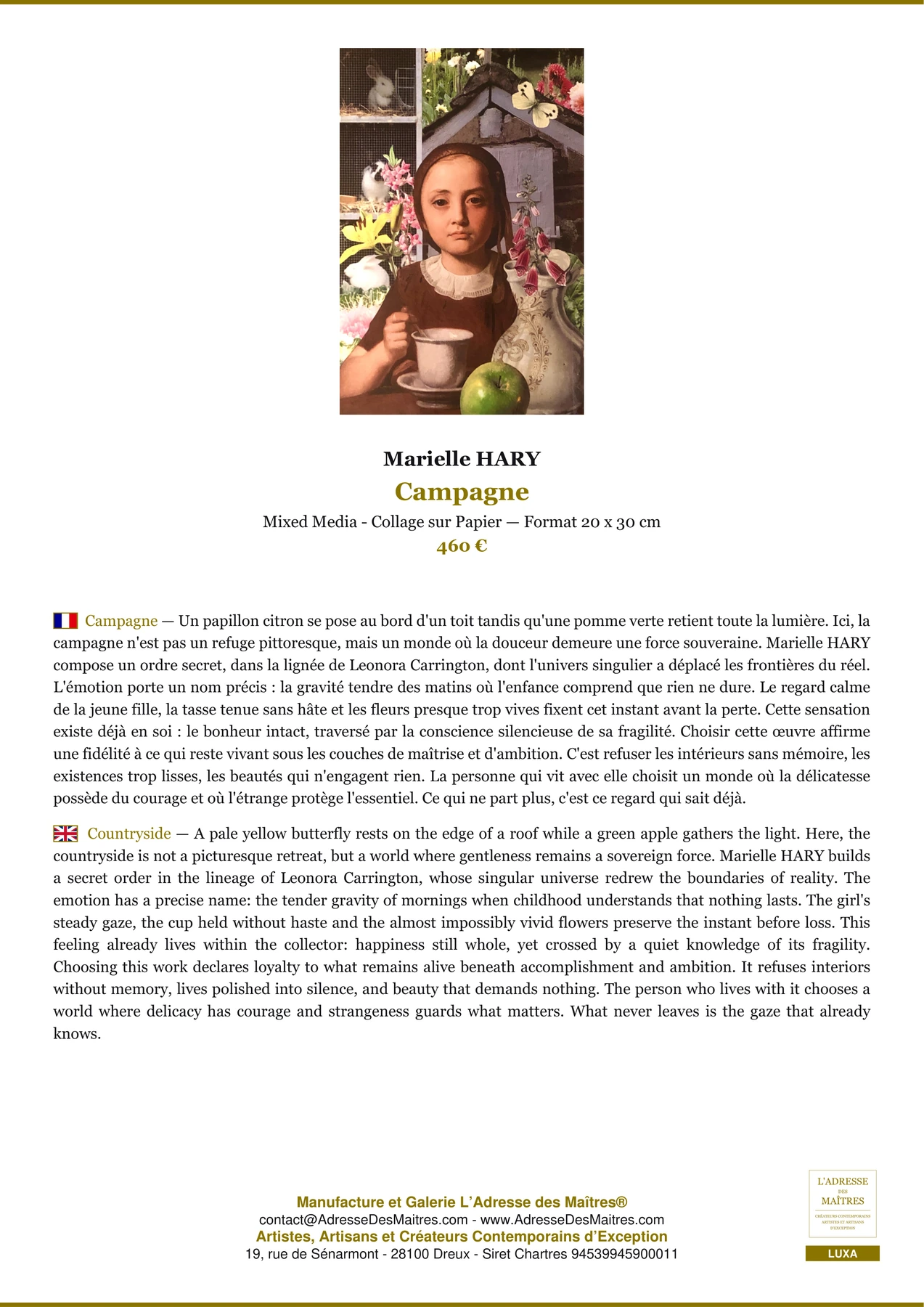 Fiche Premium - Campagne - Marielle HARY - L'Adresse des Maîtres®