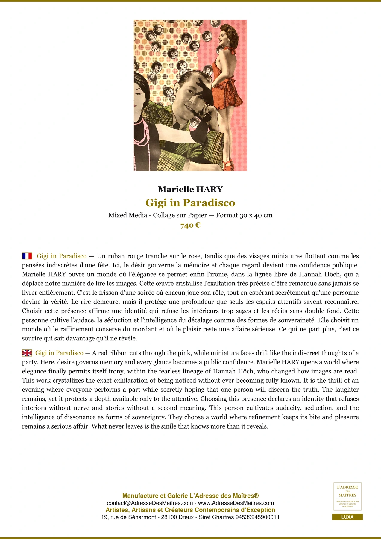 Fiche Premium - Gigi in Paradisco - Marielle HARY - L'Adresse des Maîtres®