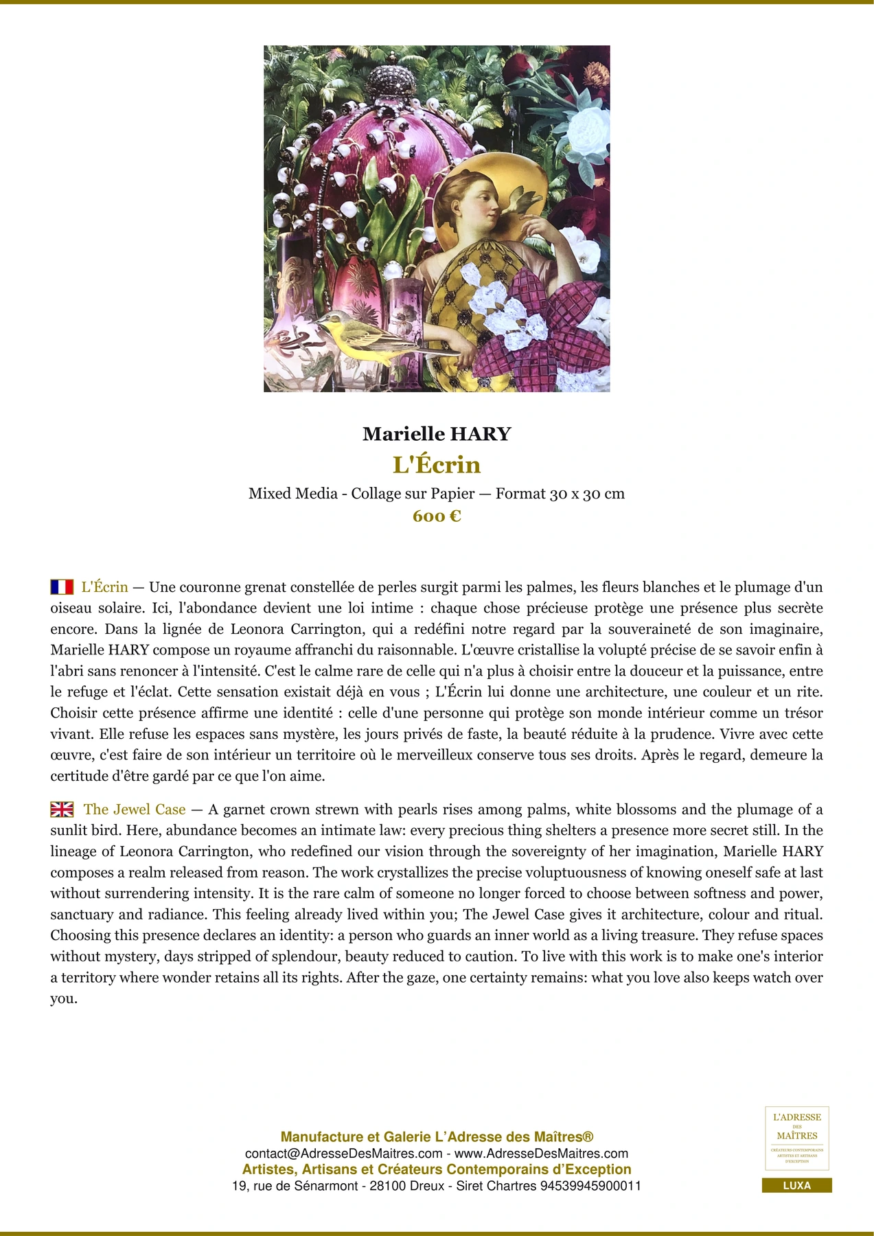 Fiche Premium - L'Écrin - Marielle HARY - L'Adresse des Maîtres®