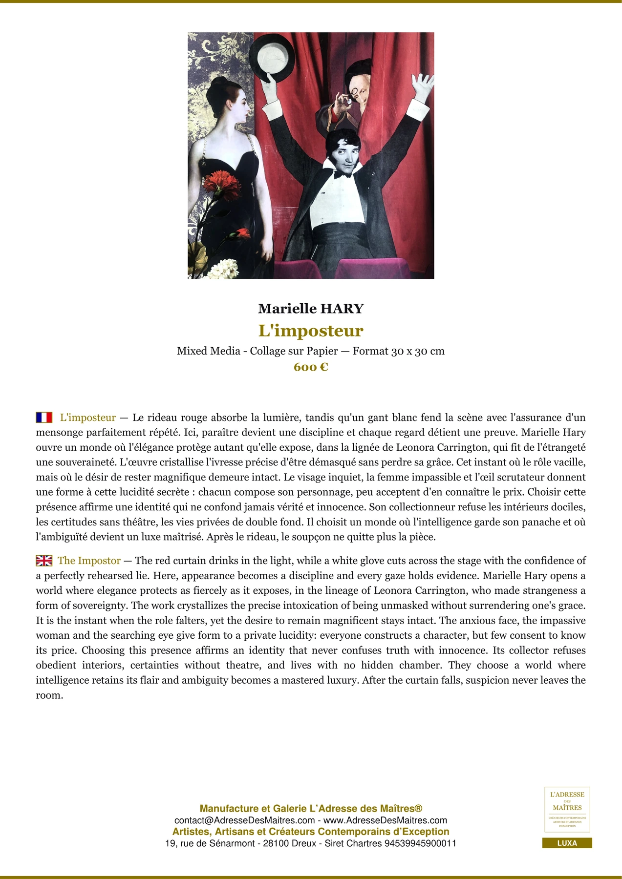 Fiche Premium - L'imposteur - Marielle HARY - L'Adresse des Maîtres®