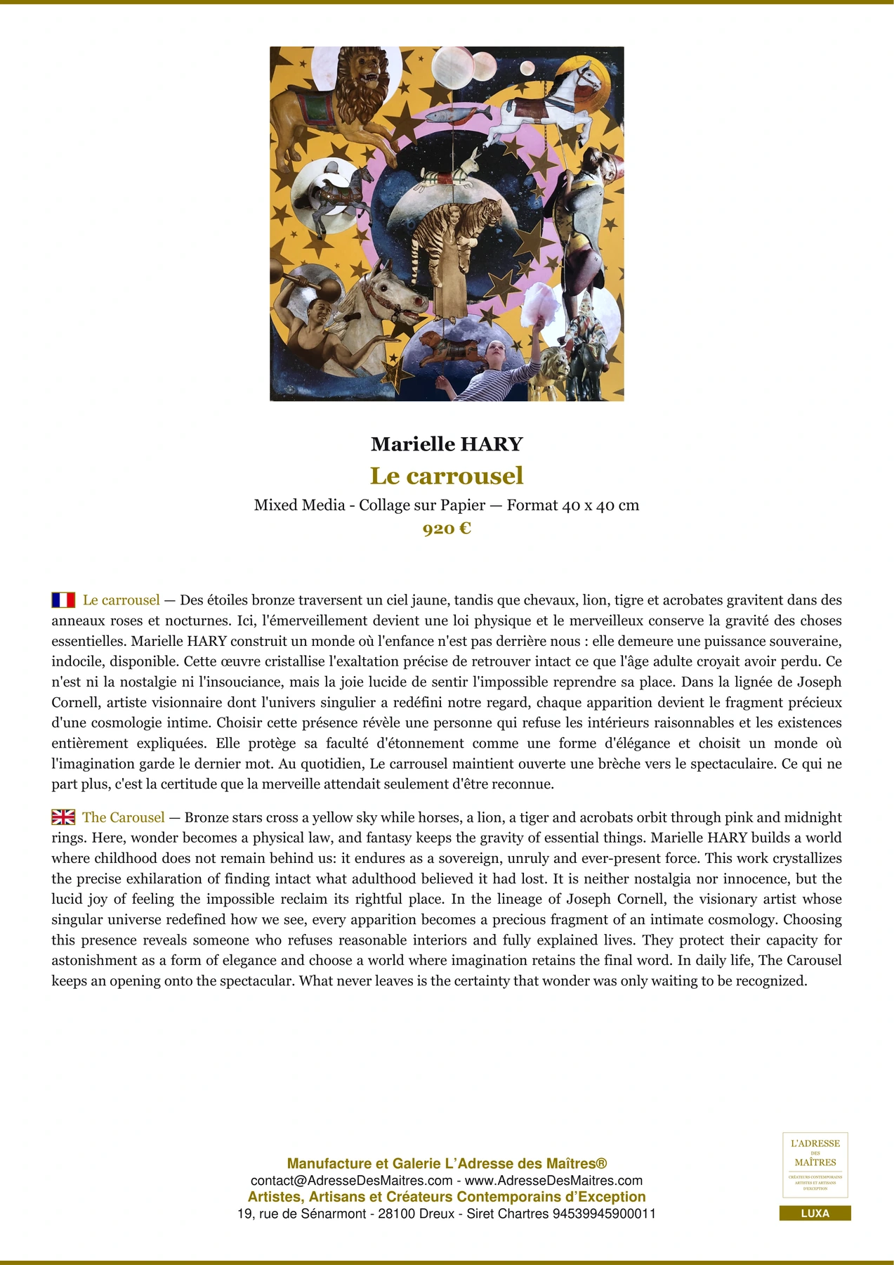 Fiche Premium - Le carrousel - Marielle HARY - L'Adresse des Maîtres®