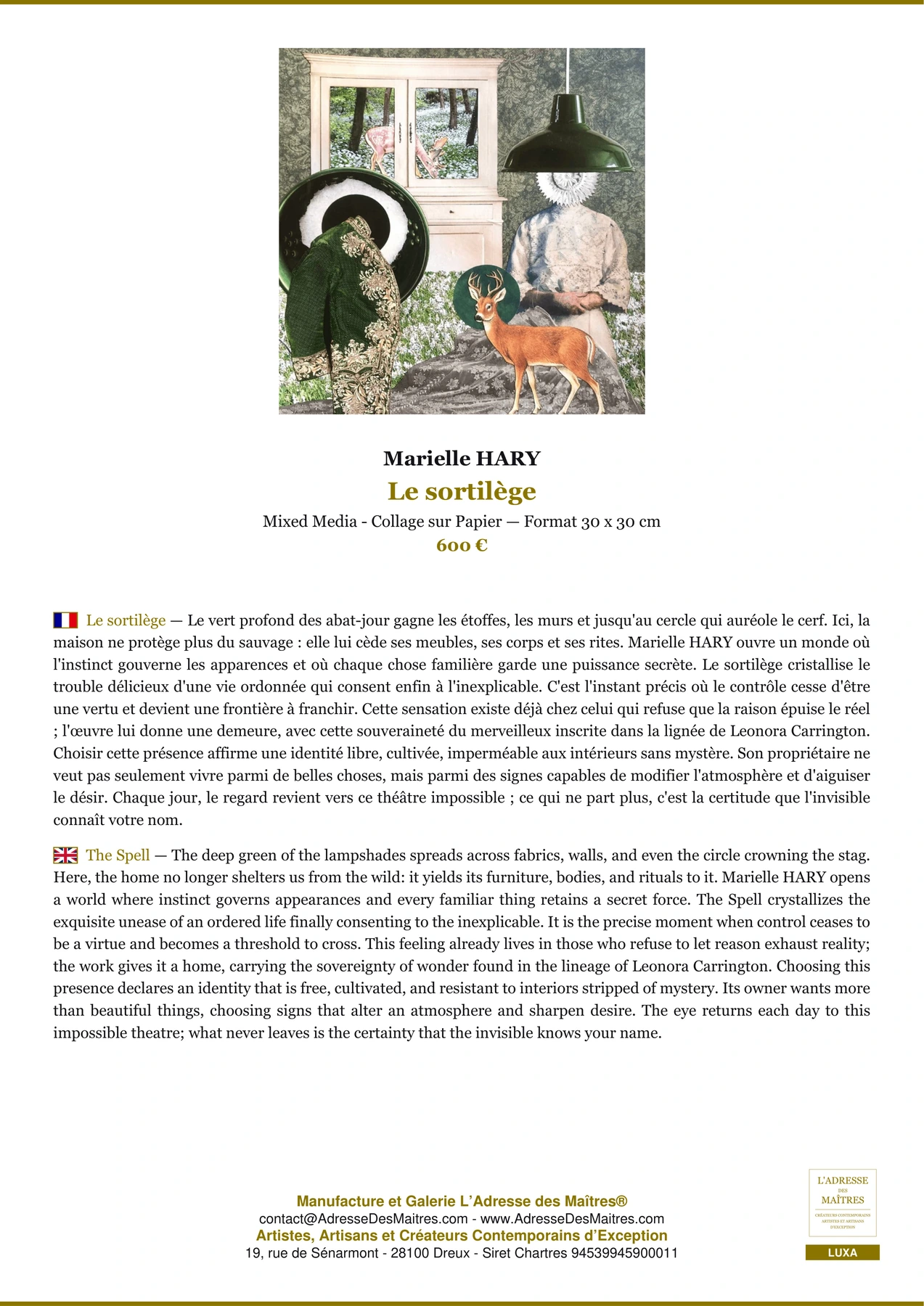 Fiche Premium - Le sortilège - Marielle HARY - L'Adresse des Maîtres®