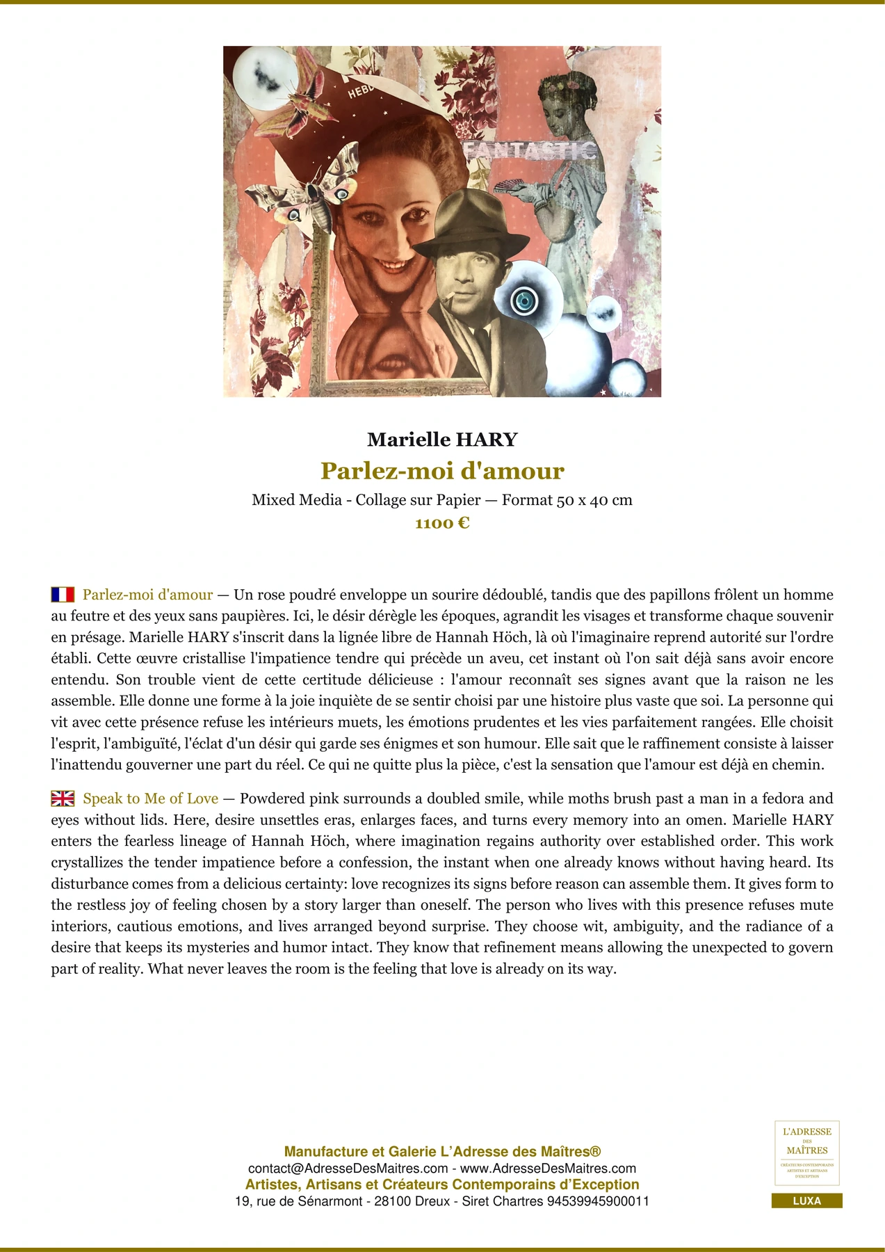 Fiche Premium - Parlez-moi d'amour - Marielle HARY - L'Adresse des Maîtres®