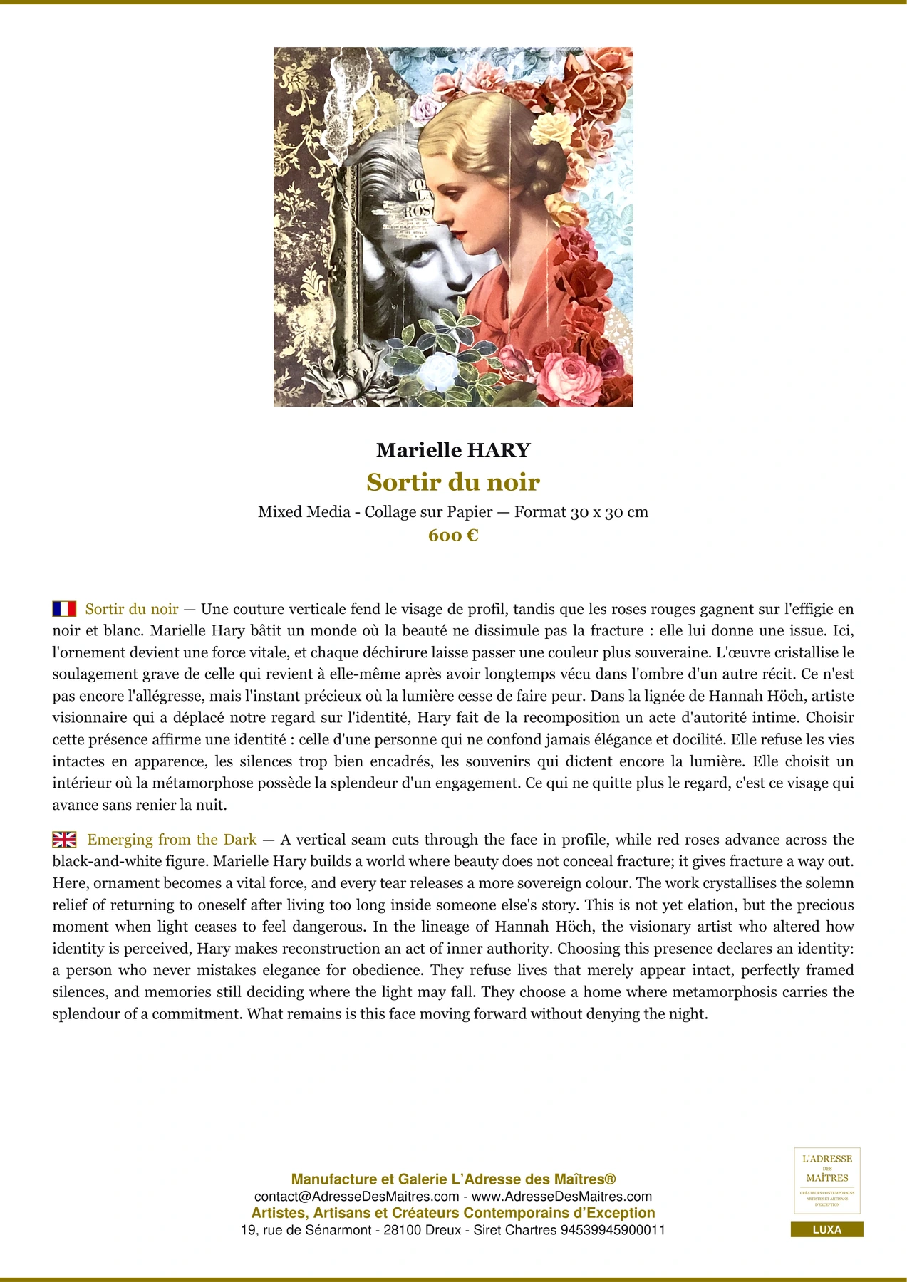 Fiche Premium - Sortir du noir - Marielle HARY - L'Adresse des Maîtres®