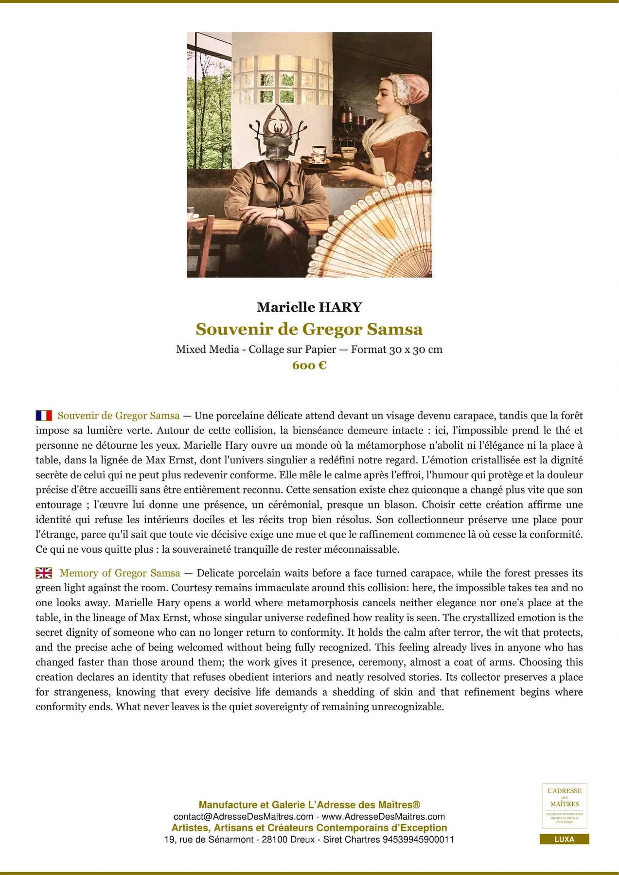 Fiche Premium - Souvenir de Gregor Samsa - Marielle HARY - L'Adresse des Maîtres®