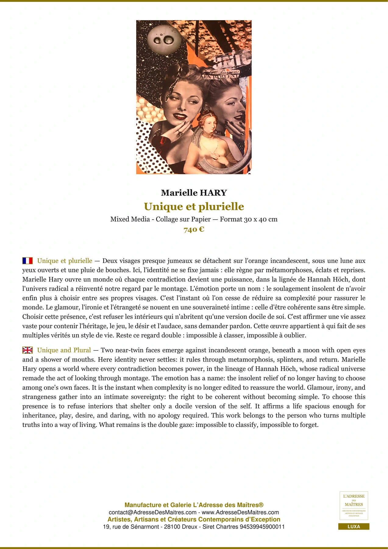 Fiche Premium - Unique et plurielle - Marielle HARY - L'Adresse des Maîtres®