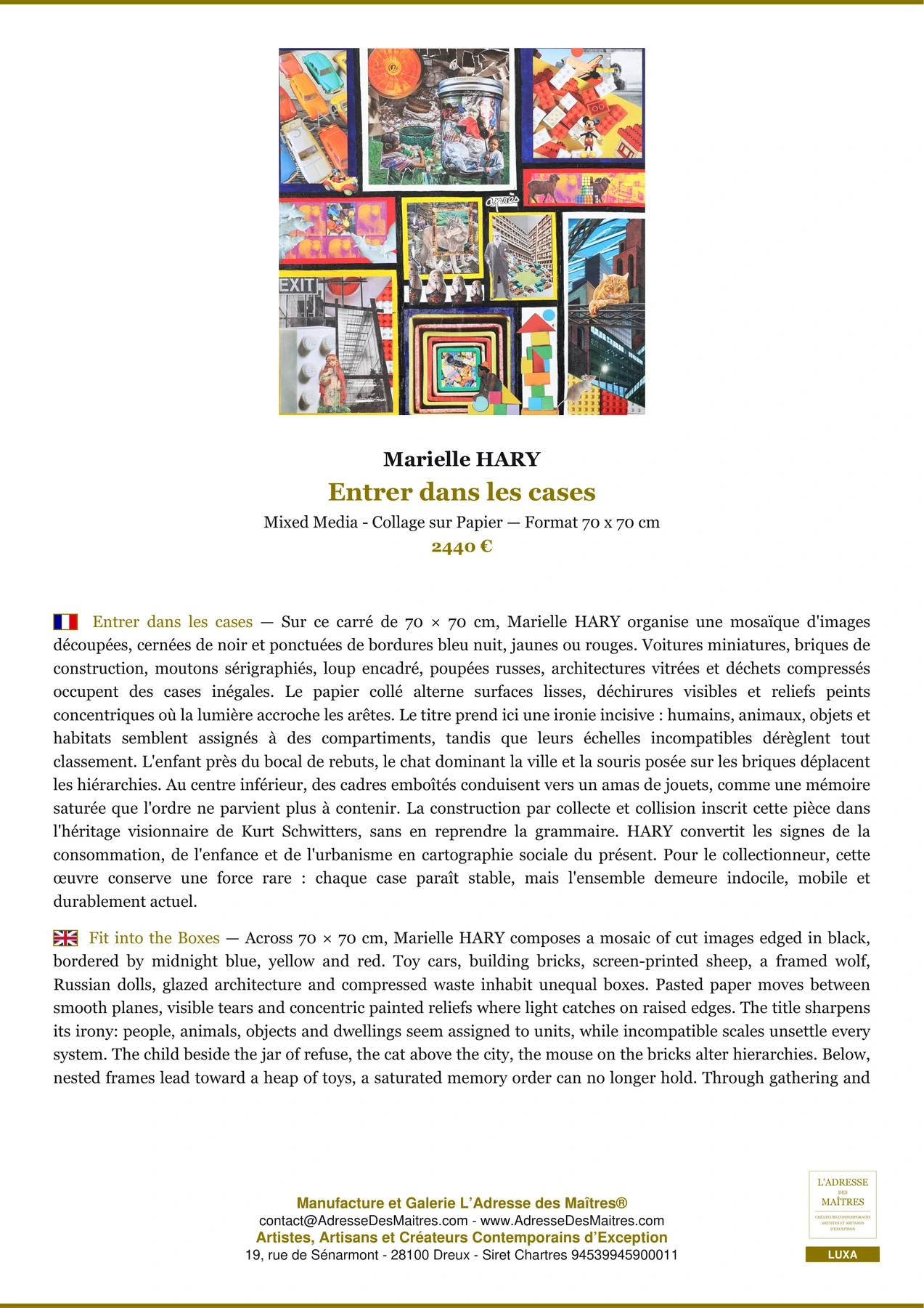 Fiche Premium - Entrer dans les cases - Marielle HARY - L'Adresse des Maîtres®