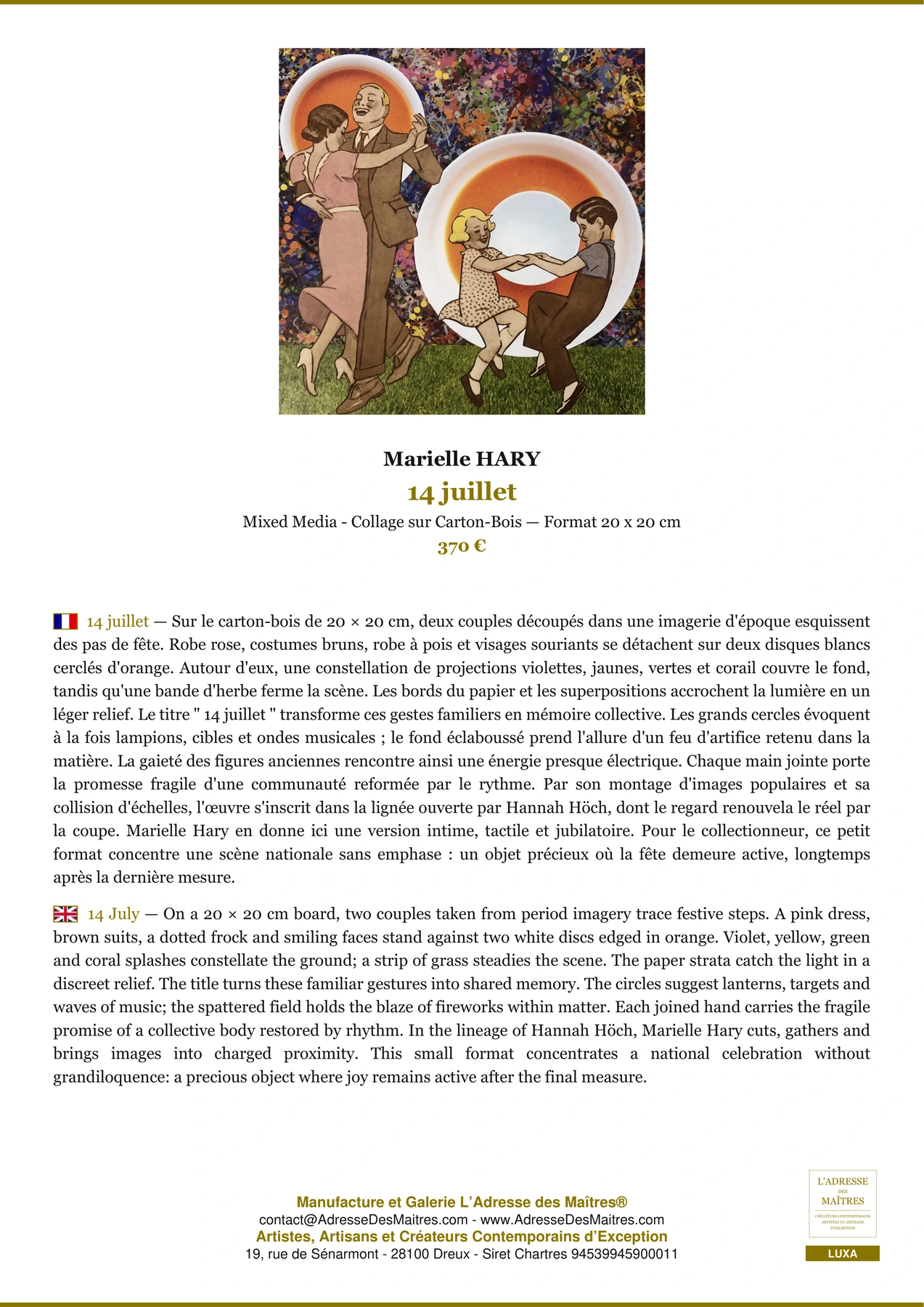 Fiche Premium - 14 juillet - Marielle HARY - L'Adresse des Maîtres®