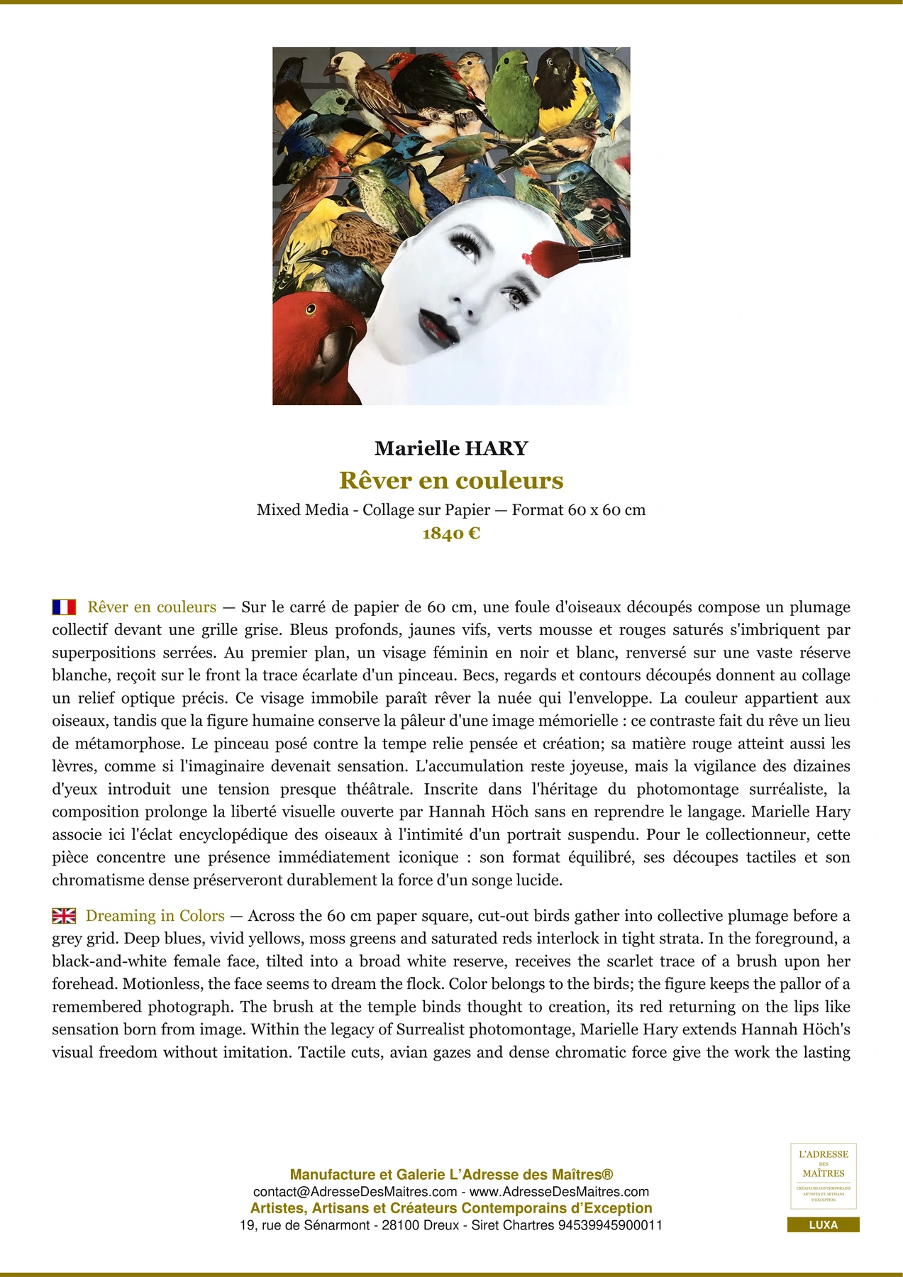 Fiche Premium - Rêver en couleurs - Marielle HARY - L'Adresse des Maîtres®