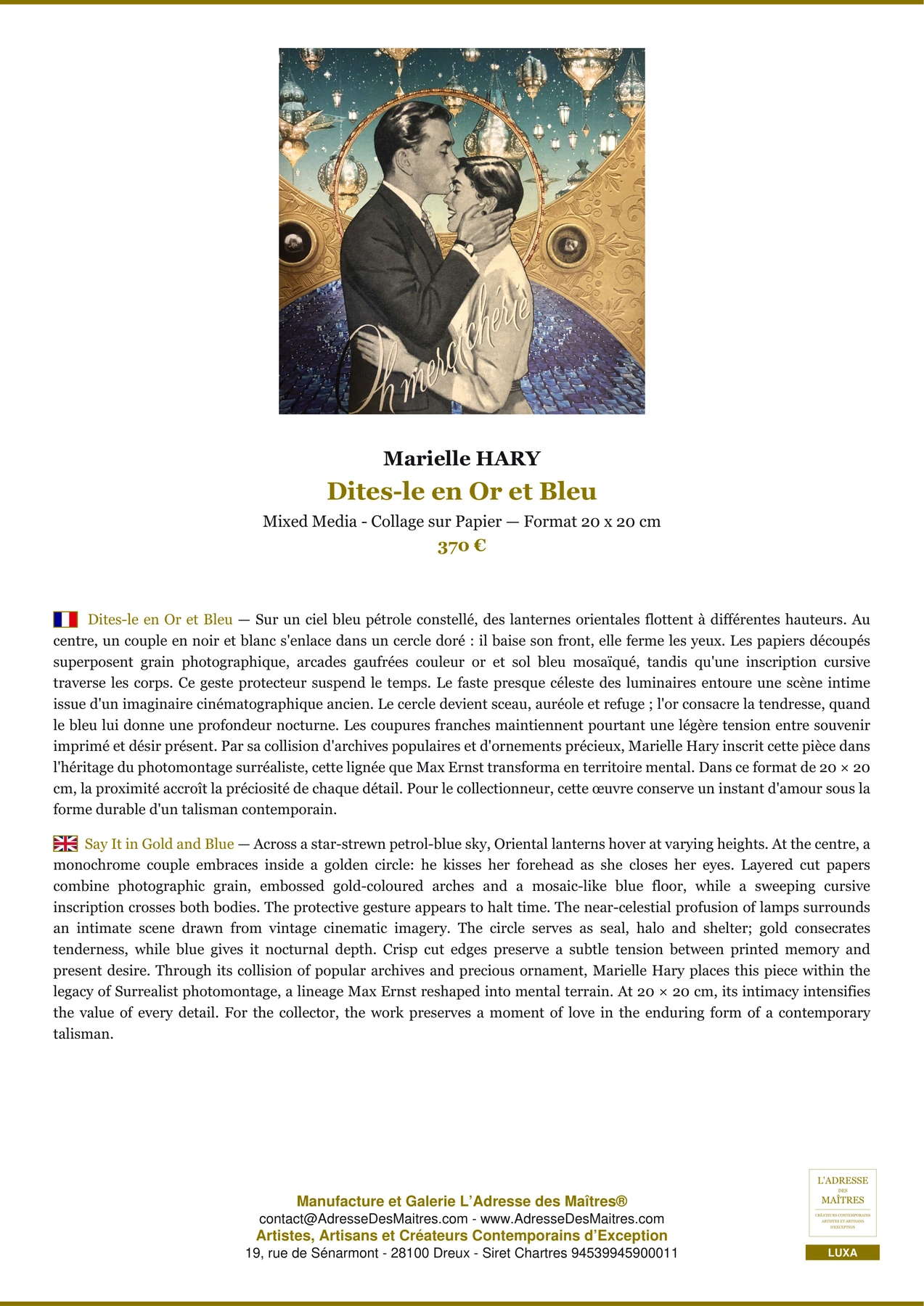 Fiche Premium - Dites-le en Or et Bleu - Marielle HARY - L'Adresse des Maîtres®