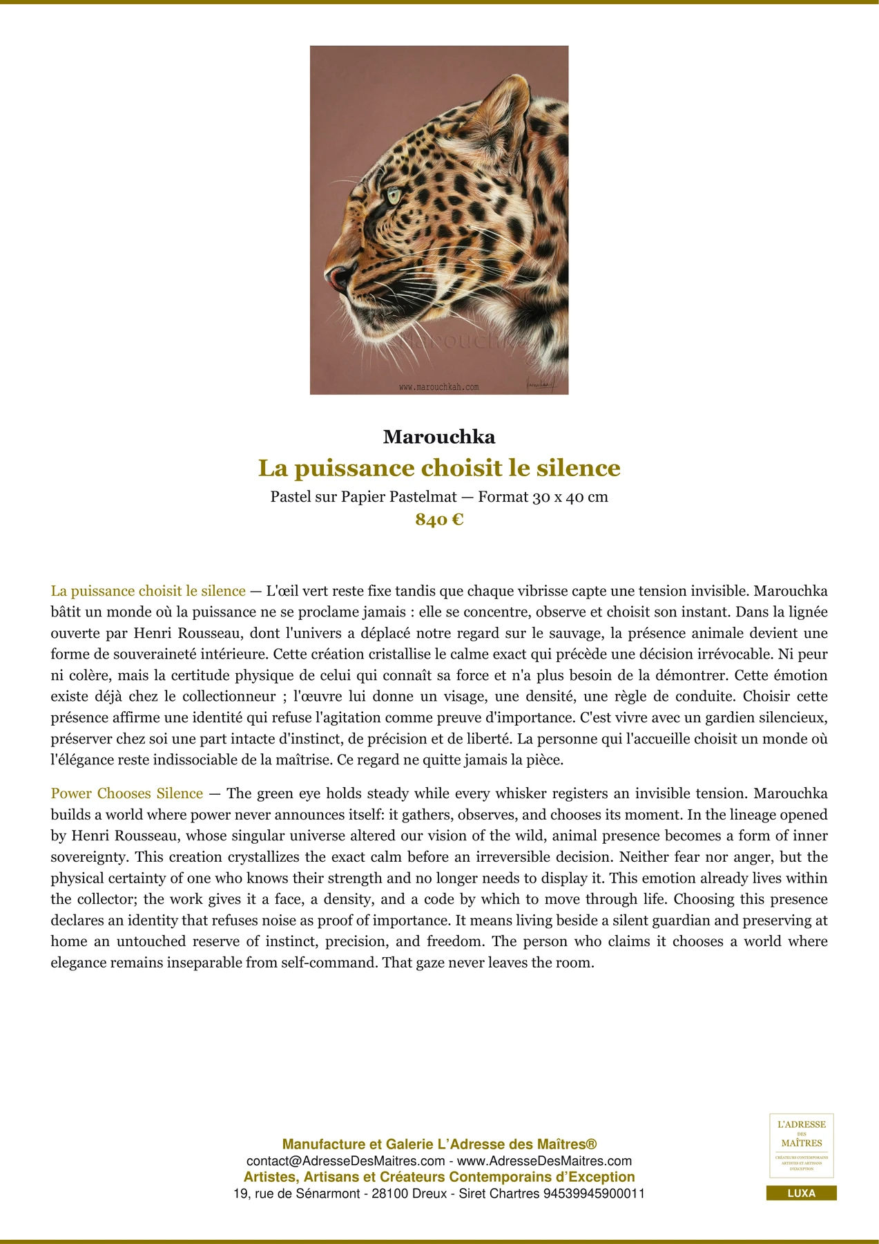 Fiche Premium — La puissance choisit le silence — Marouchka — L'Adresse des Maîtres®