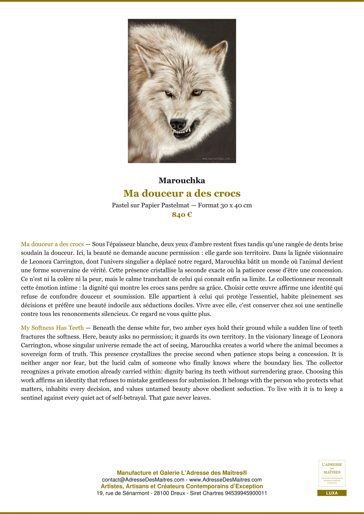 Fiche Premium — Ma douceur a des crocs — Marouchka — L'Adresse des Maîtres®